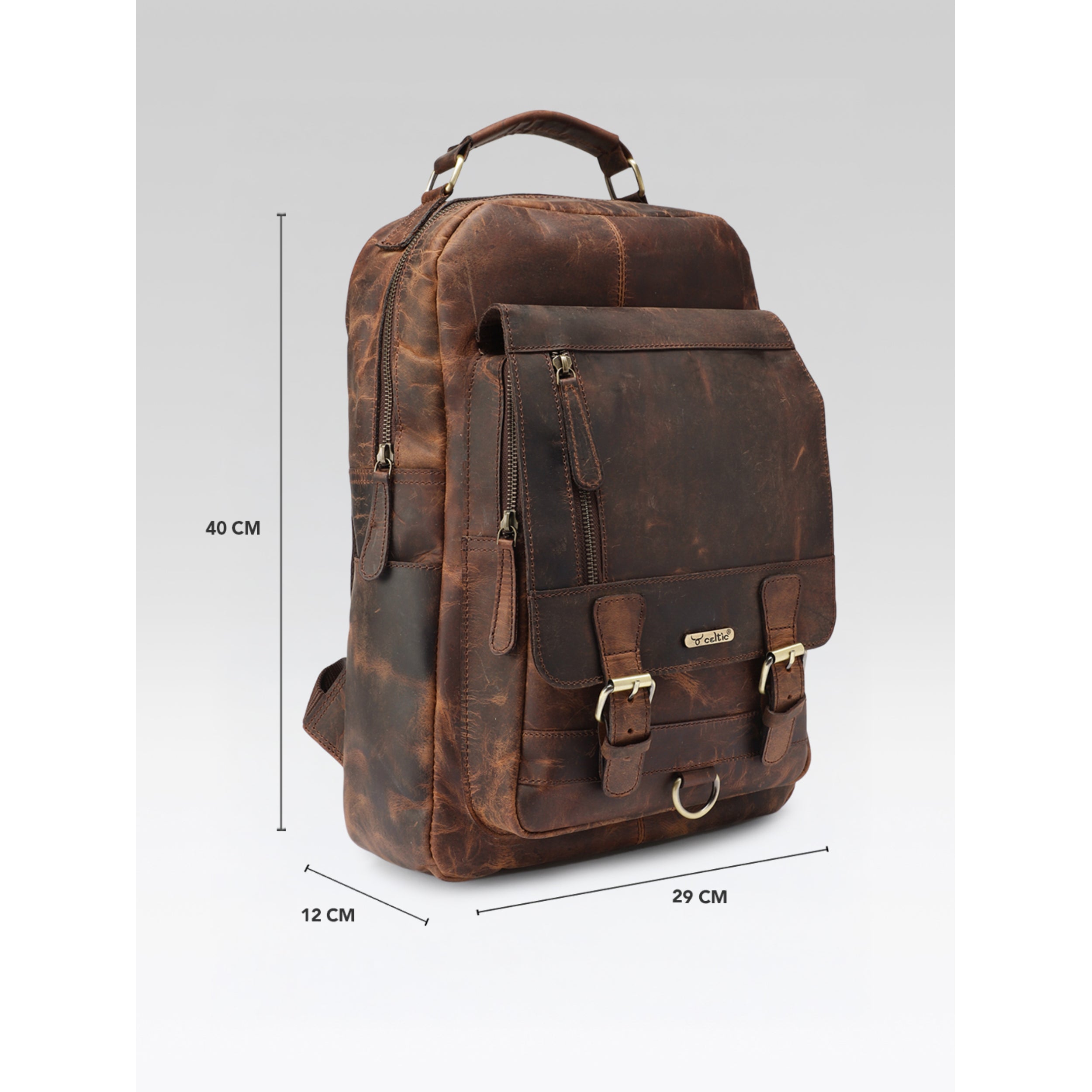 Premium Genuine Leather Backpack with Front Zip Pocket & Padded Shoulder Straps