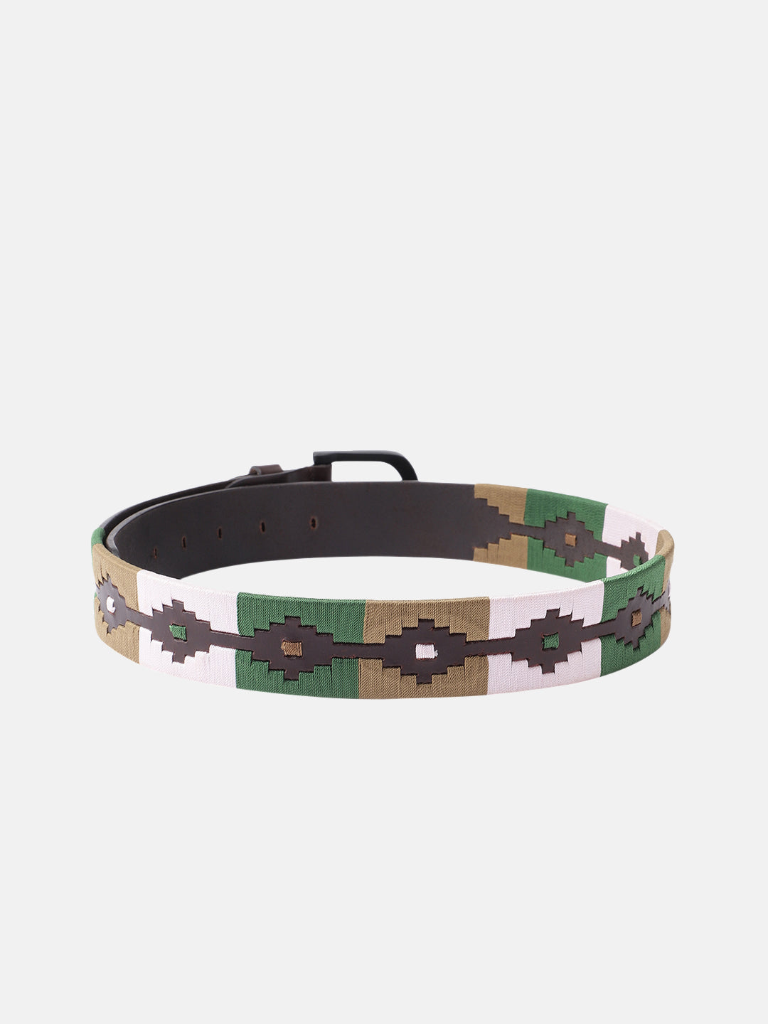 Unisex Handcrafted Genuine Leather Belt With Woven Ethnic Pattern And Matte Metal Buckle