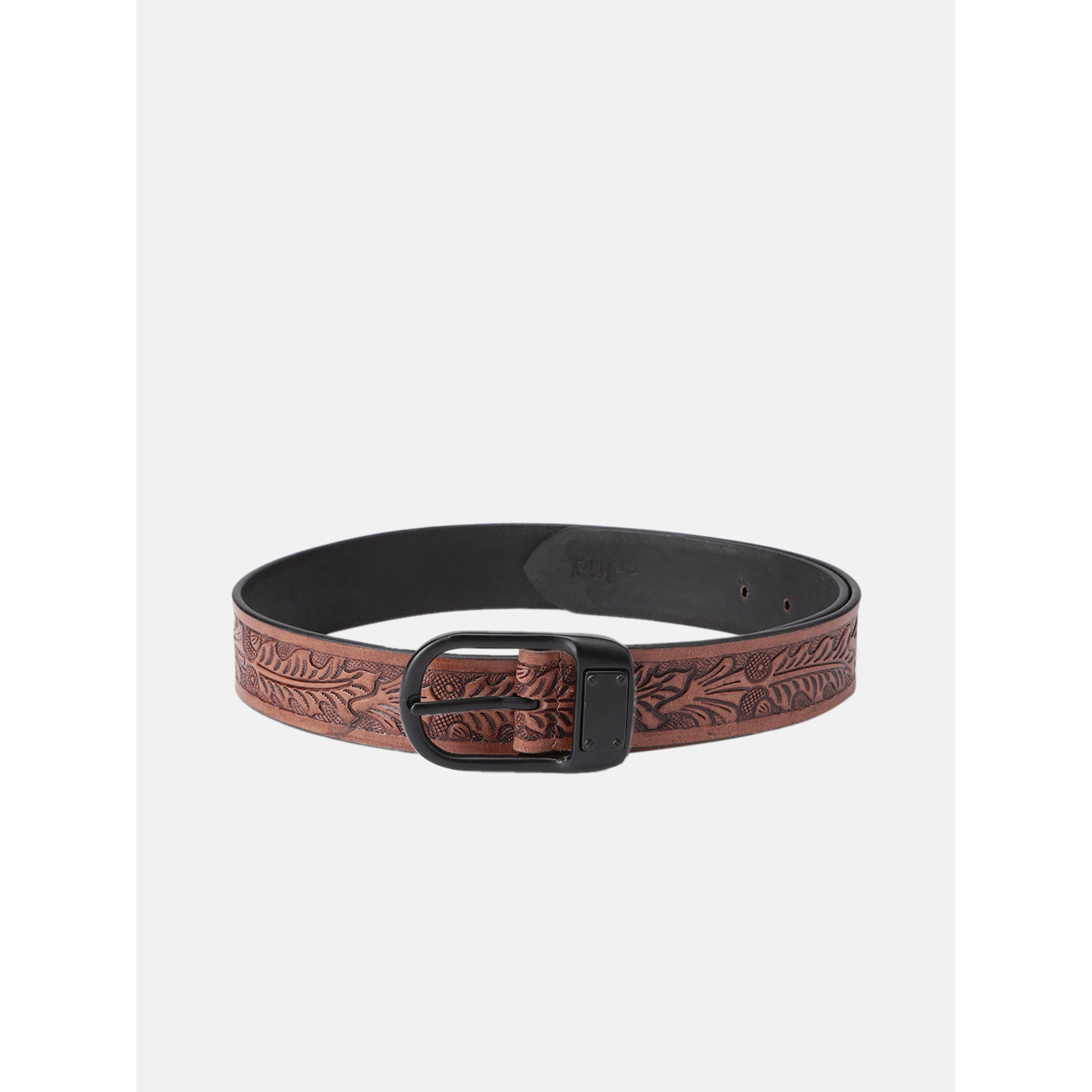 Premium Genuine Leather Embossed Brown Western Waist Accessory Matte Black Buckle