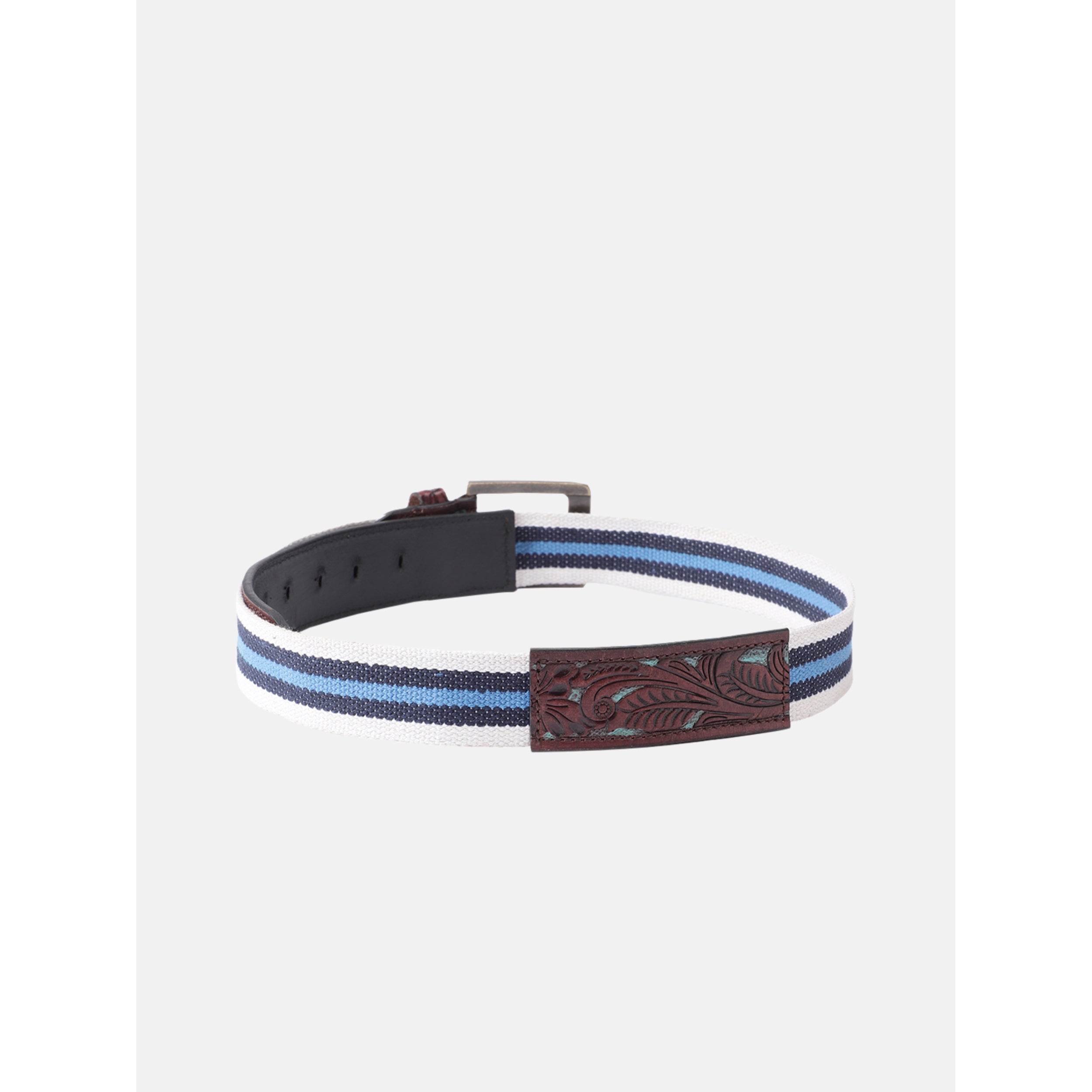 Unisex Genuine Leather Floral Embossed Canvas Blue White Waist Accessory Brass Buckle