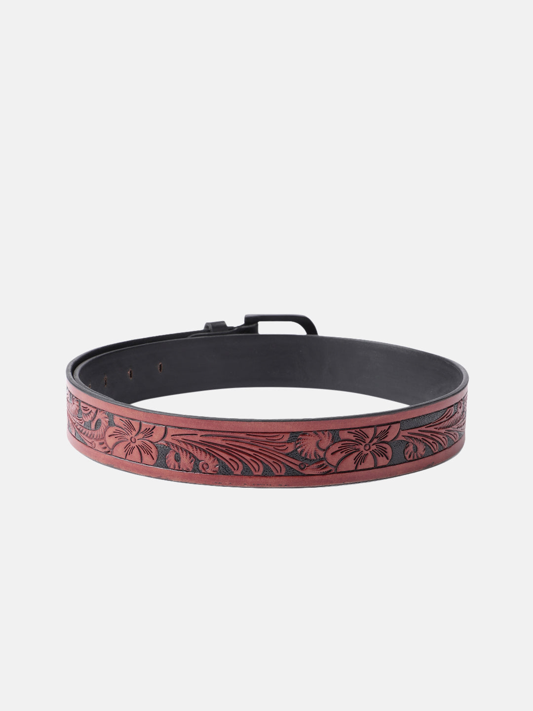 Unisex Genuine Leather Brown Floral Embossed Western Casual Waistbelt Matte Black Buckle