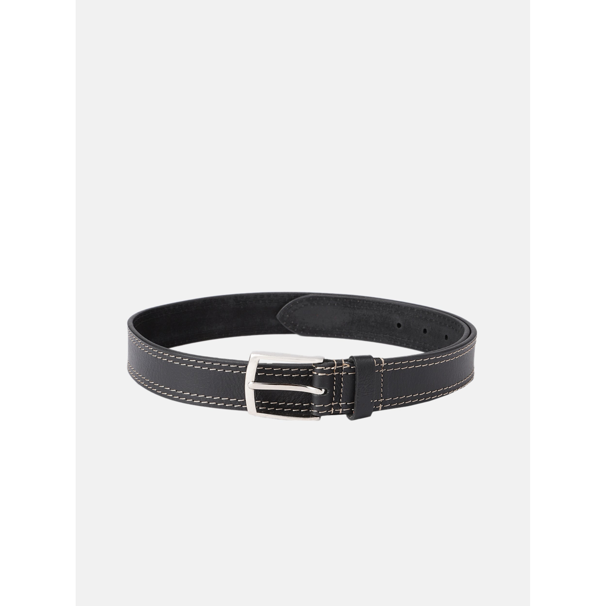 Unisex Genuine Leather Black belt Contrast Stitching Chrome Buckle Casual Formal