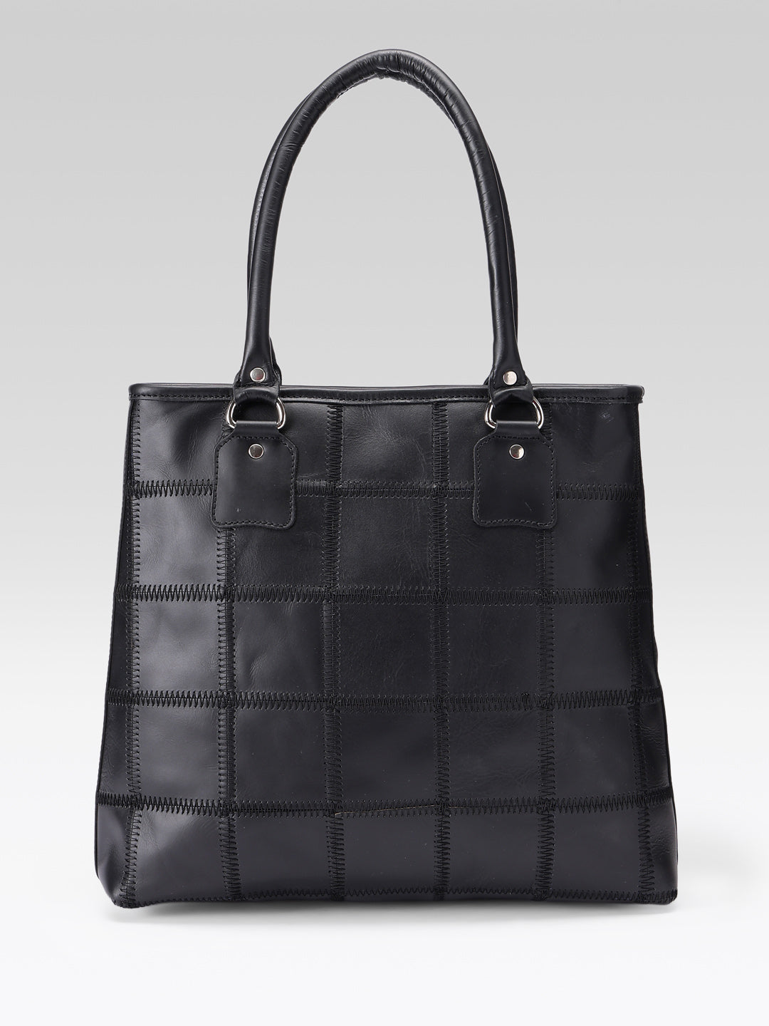 Women Black Leather Tote Bag with Patchwork Design and Spacious Interior