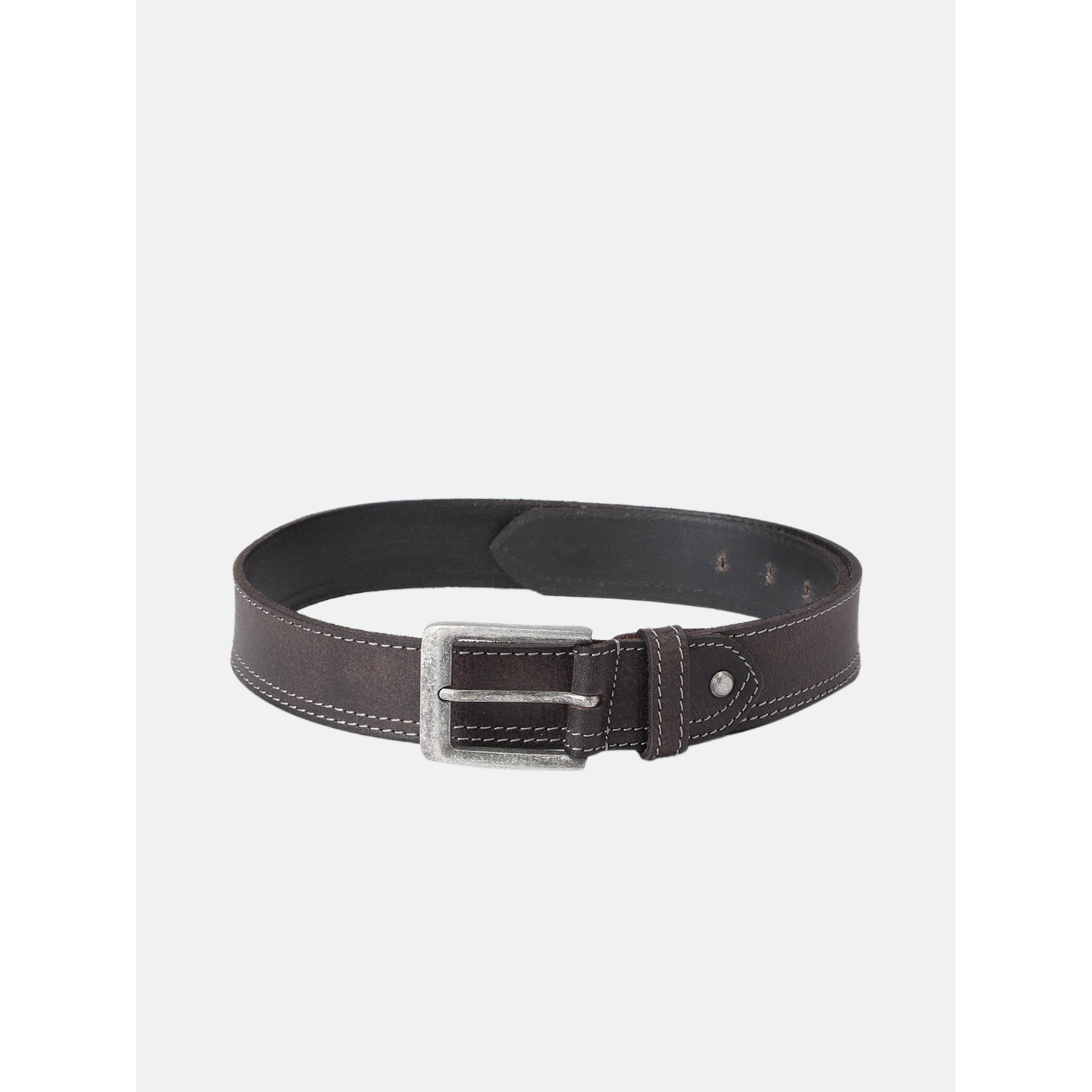 Unnisex Genuine Leather Black Waist Accessory Double Stitching Antique Buckle Casual Formal