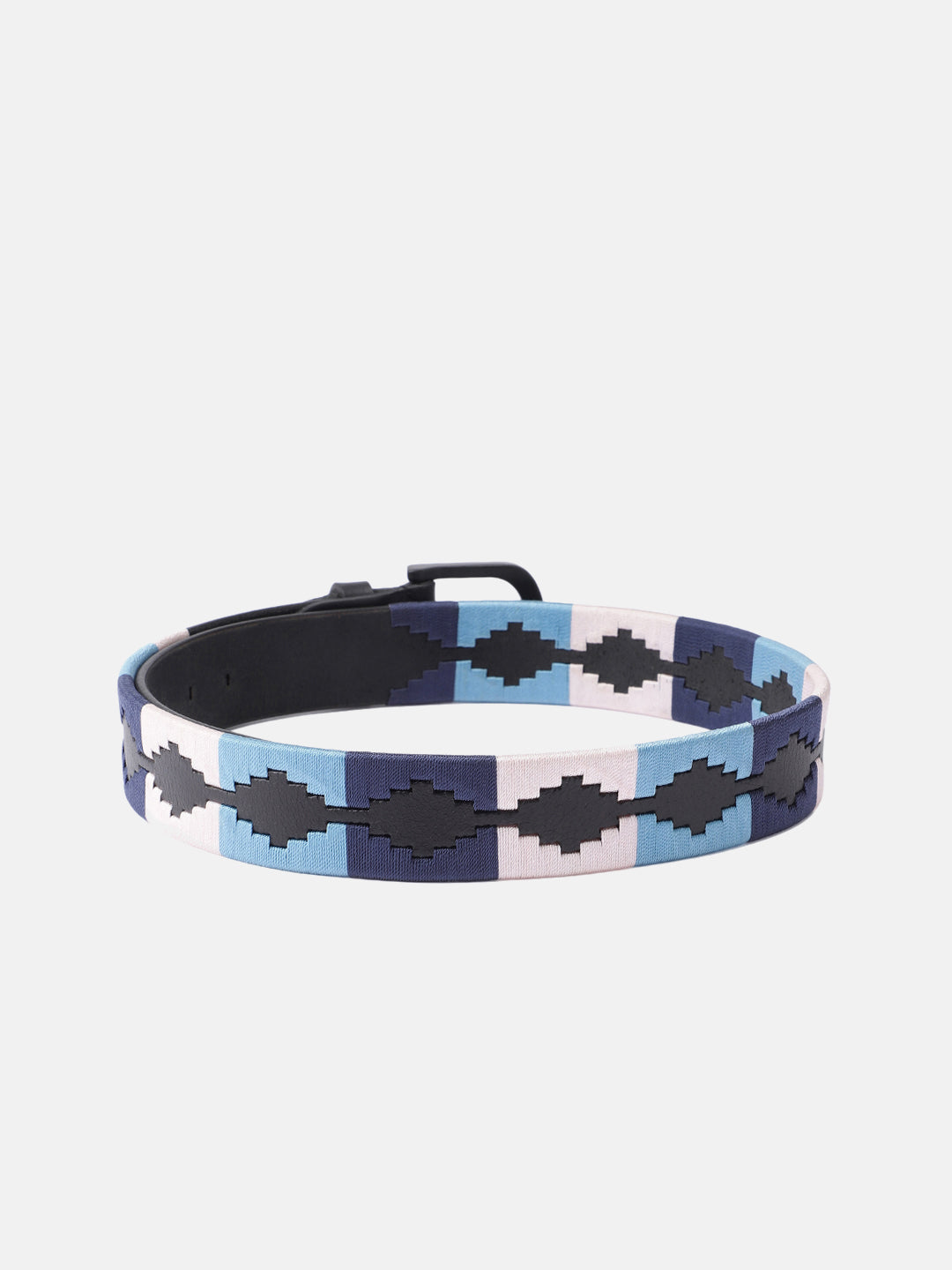 Unisex Handcrafted Leather Belt With Geometric Woven Fabric Accent And Vintage Metal Buckle