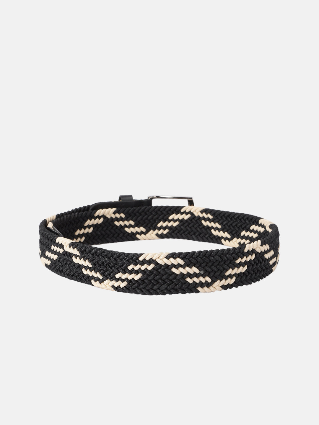 Unisex Handwoven Elastic Belt With Leather Finish And Metal Buckle For Casual Wear