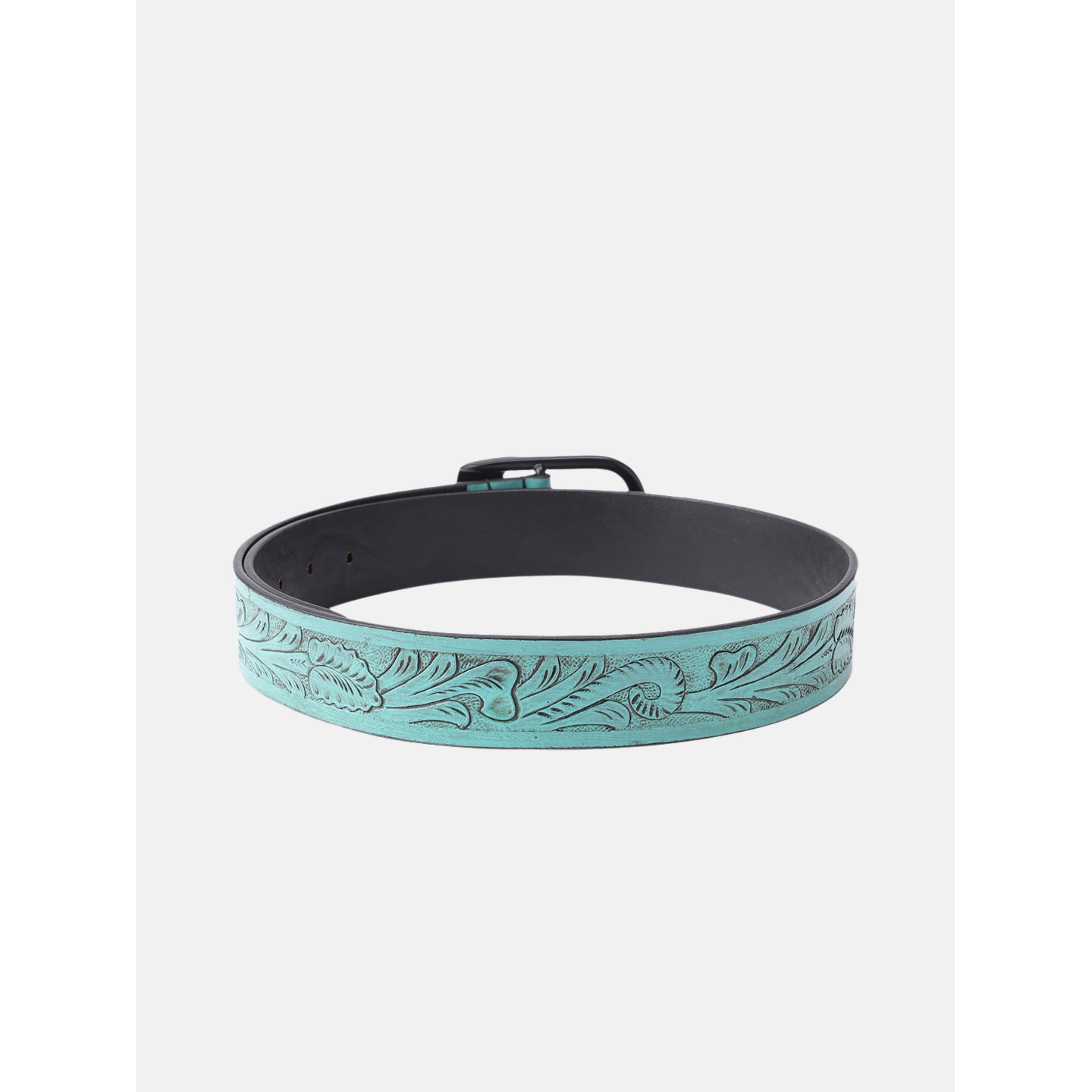 Unisex Genuine Leather Embossed Turquoise Floral Western Waist Accessory Black Buckle