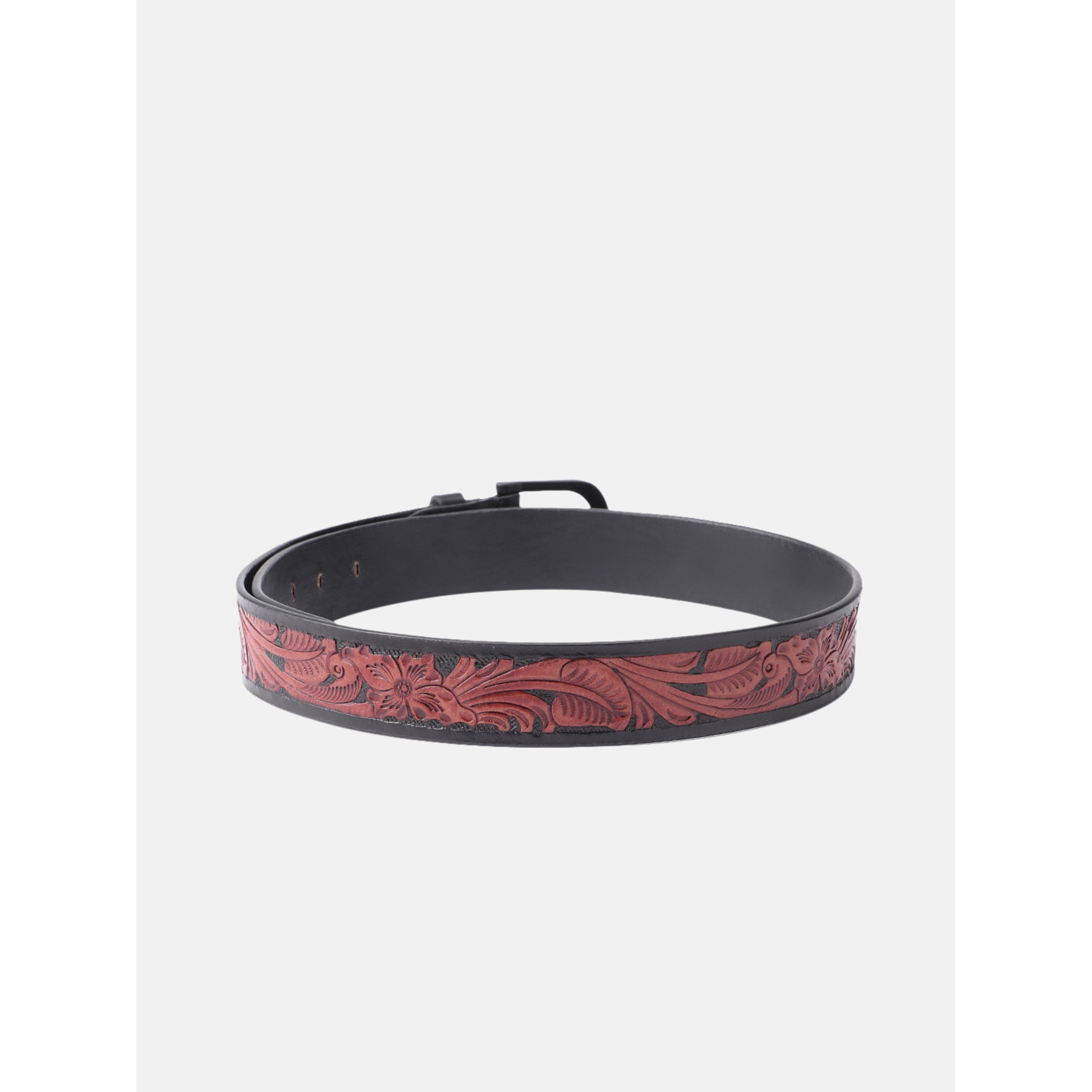 Unisex Handcrafted Floral Embossed Leather Belt With Matte Black Buckle For Casual Wear