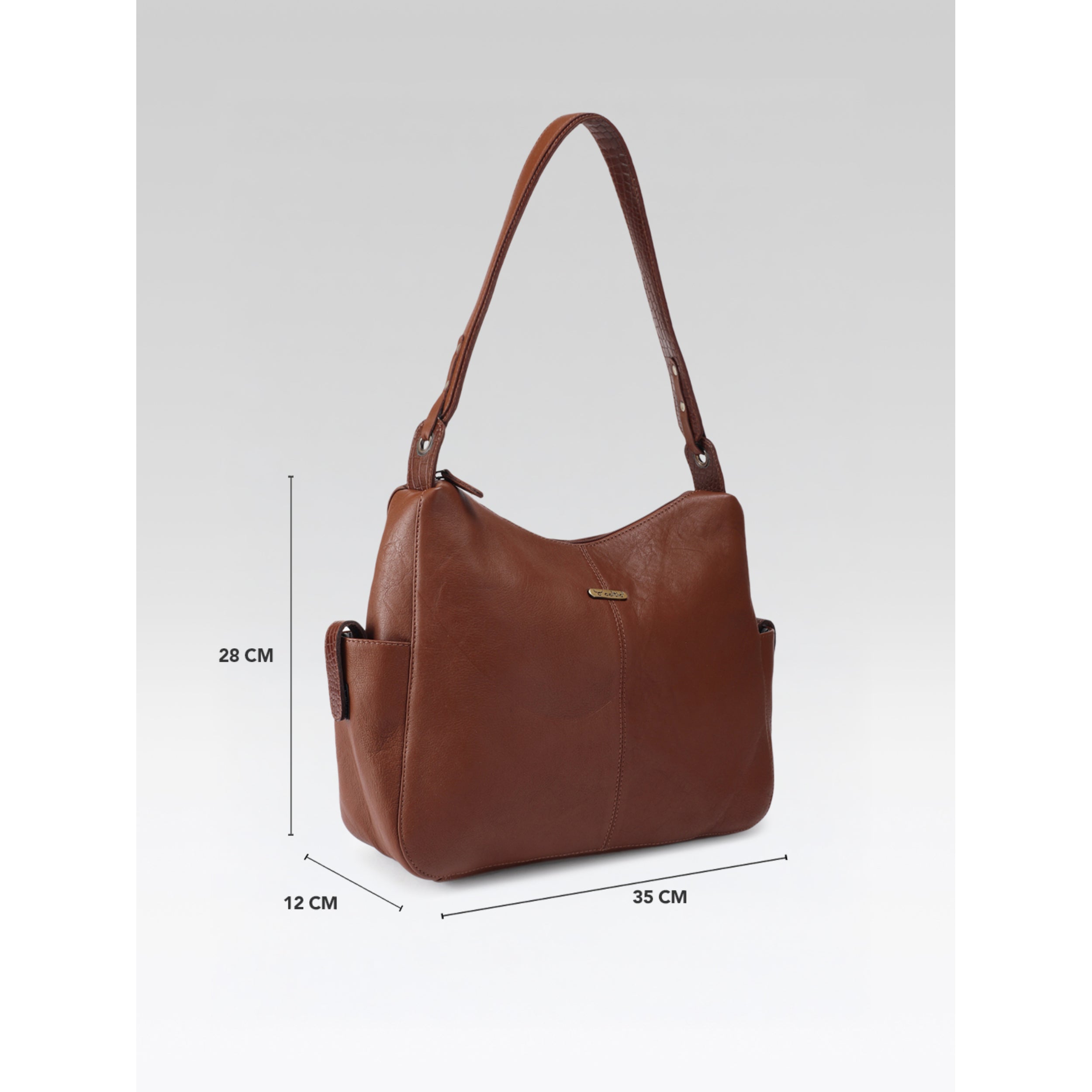 Premium Genuine Leather Hobo Shoulder Bag with Zippered Pockets & Fixed Strap