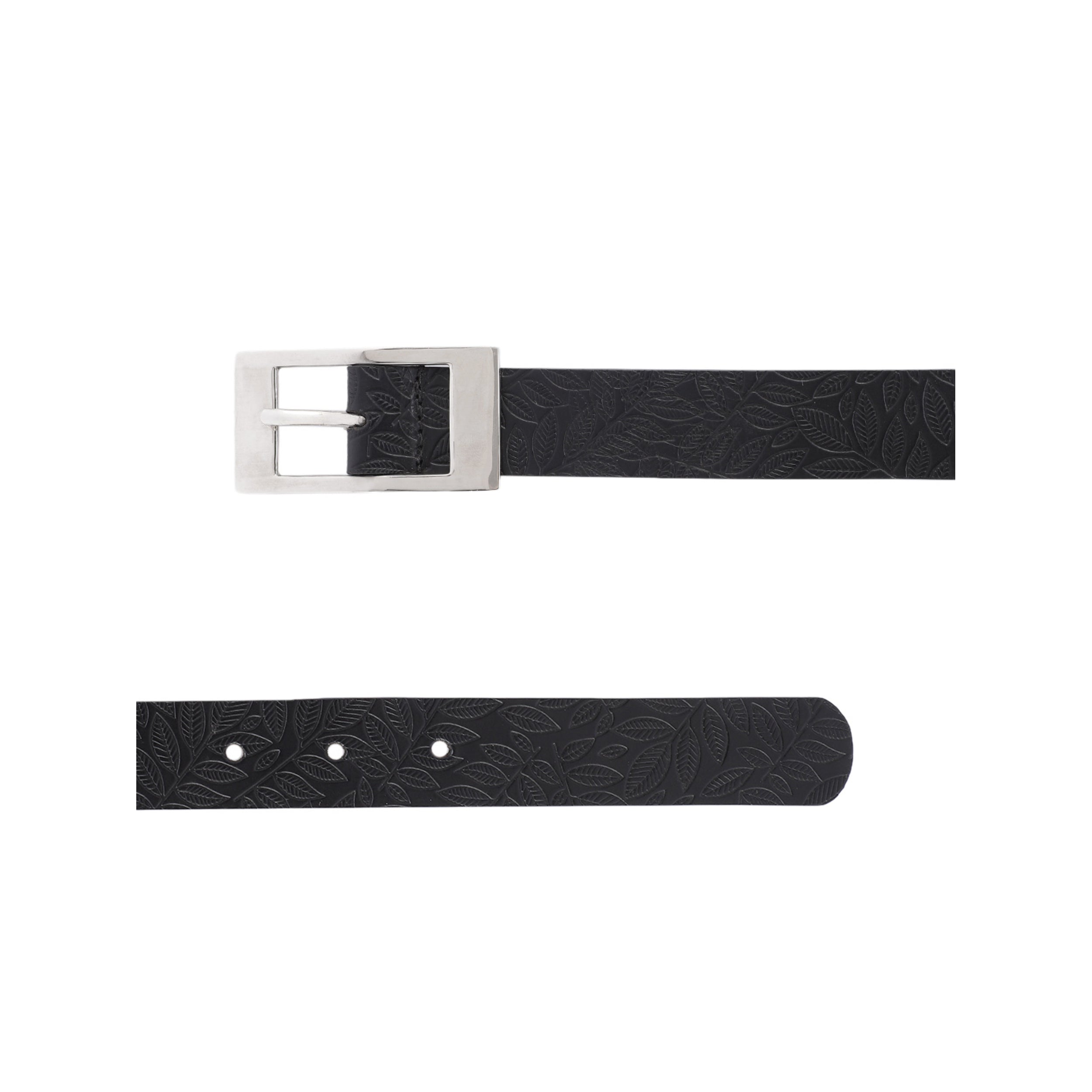 Unisex Black Embossed Leather Belt with Sleek Silver Buckle  Leaf Pattern Design
