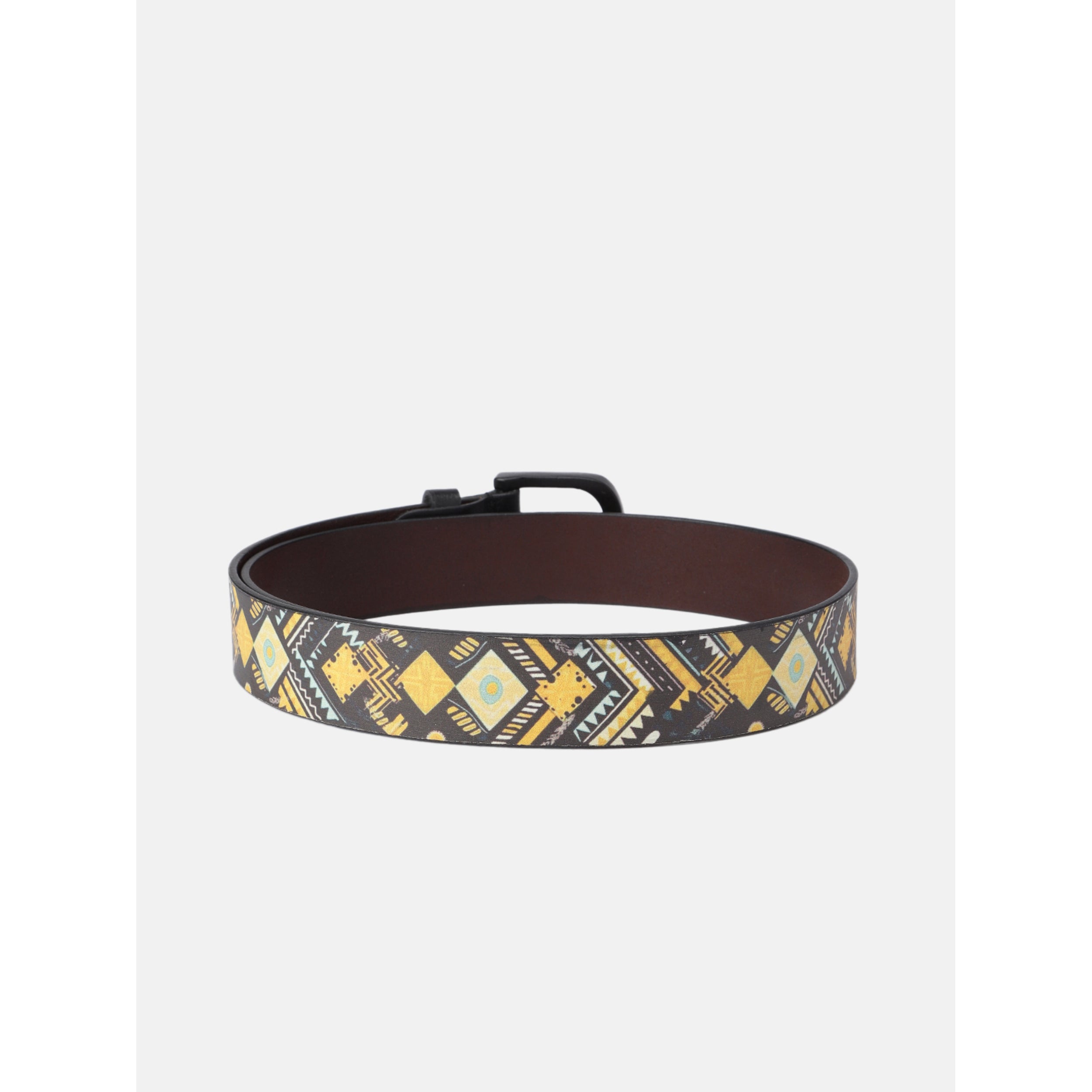 Unisex Genuine Leather Tribal Geometric Yellow Black Waist Accessory Matte Buckle