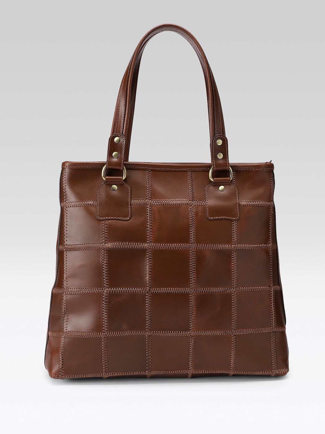 Genuine Leather Brown Tote Bag with Patchwork Design and Top Zip Closure