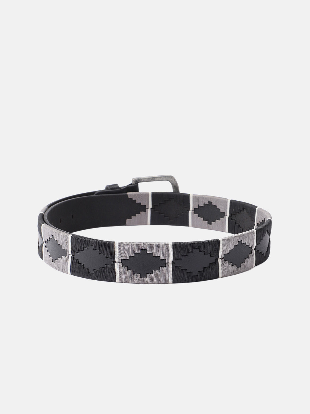 Unisex Handcrafted Black Leather Belt With Geometric Woven Strap And Antique Metal Buckle