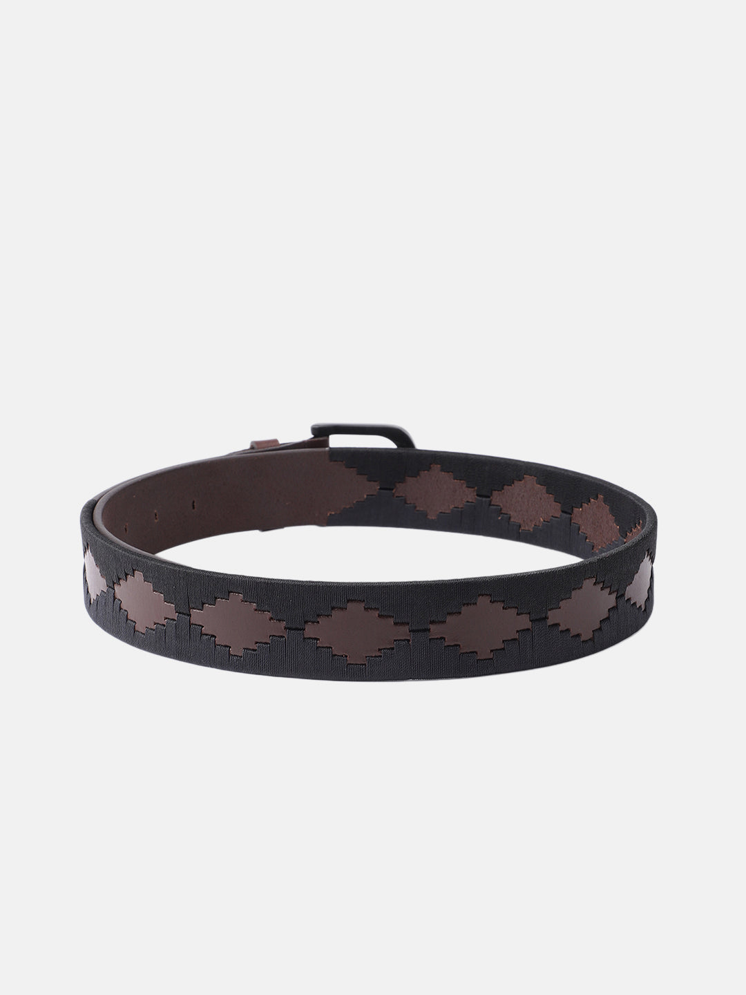 Unisex Handcrafted Leather Fabric Belt With Geometric Pattern Matte Black Buckle.
