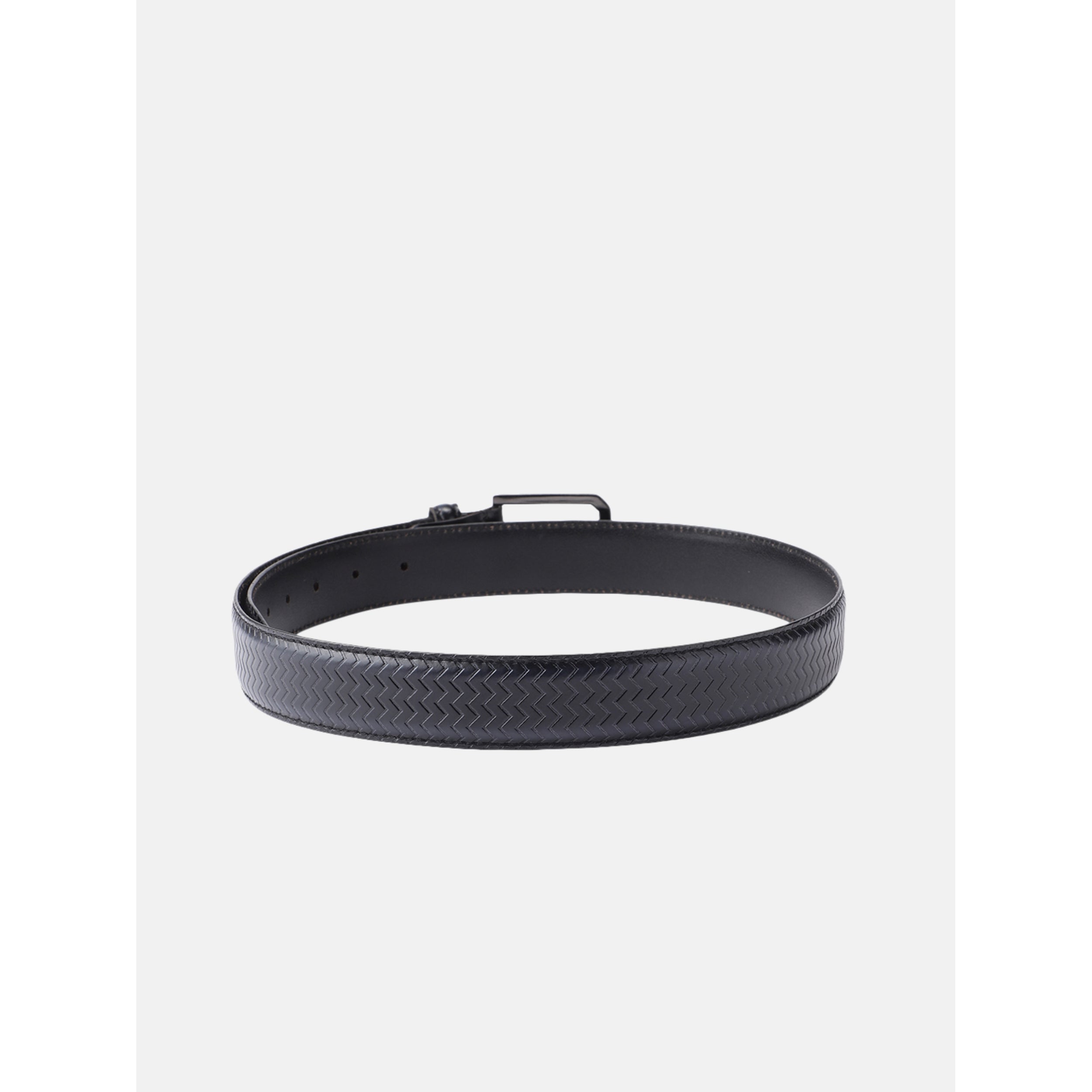 Men Olive Textured Leather Belt With Vertical Stripe Pattern And Classic Metal Buckle