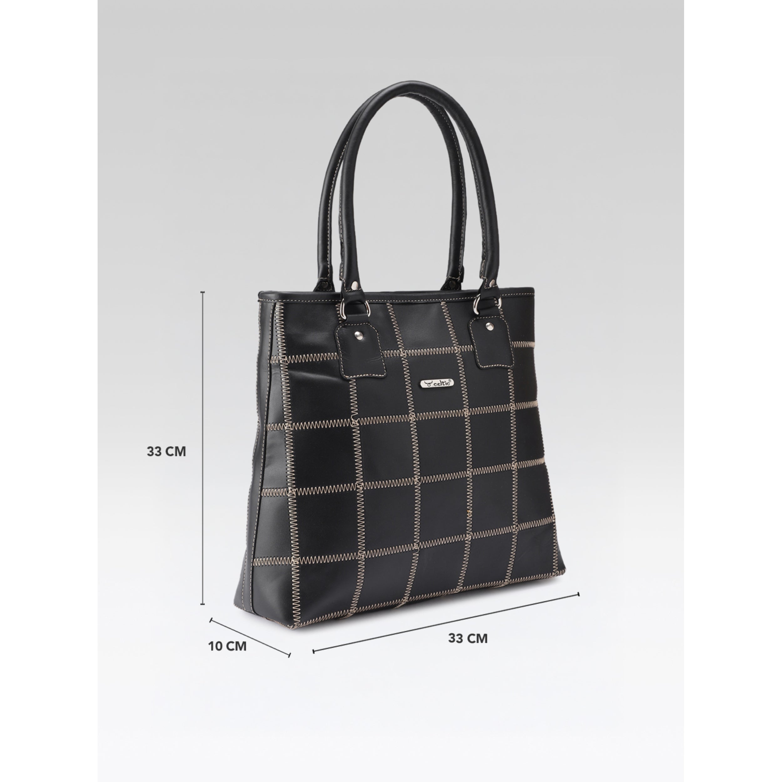 Premium Genuine Leather Shoulder totebag with Grid Stitching & Zip Closure