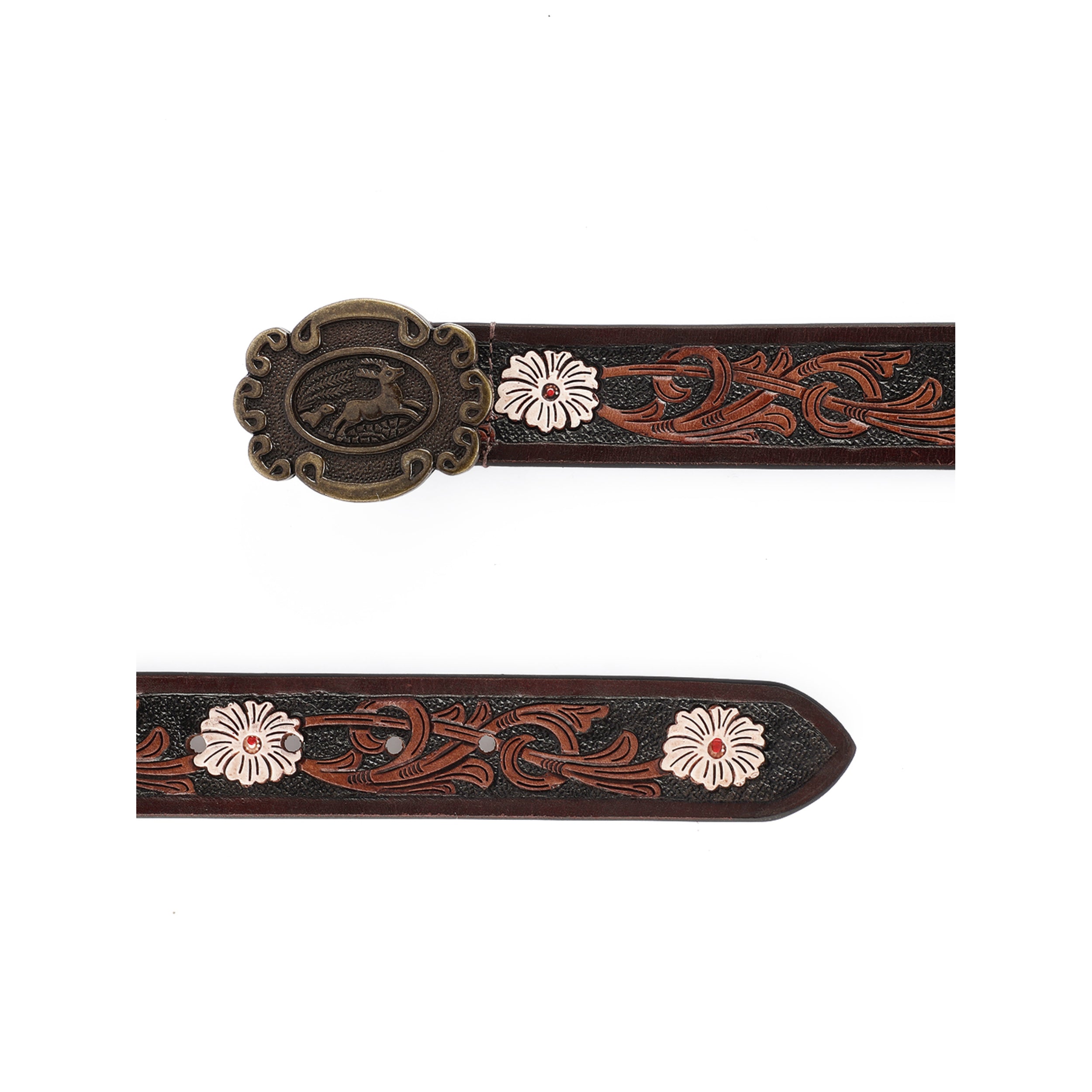 Unisex Genuine Leather Western Brown Embossed Floral Waist Accessory Antique Buckle