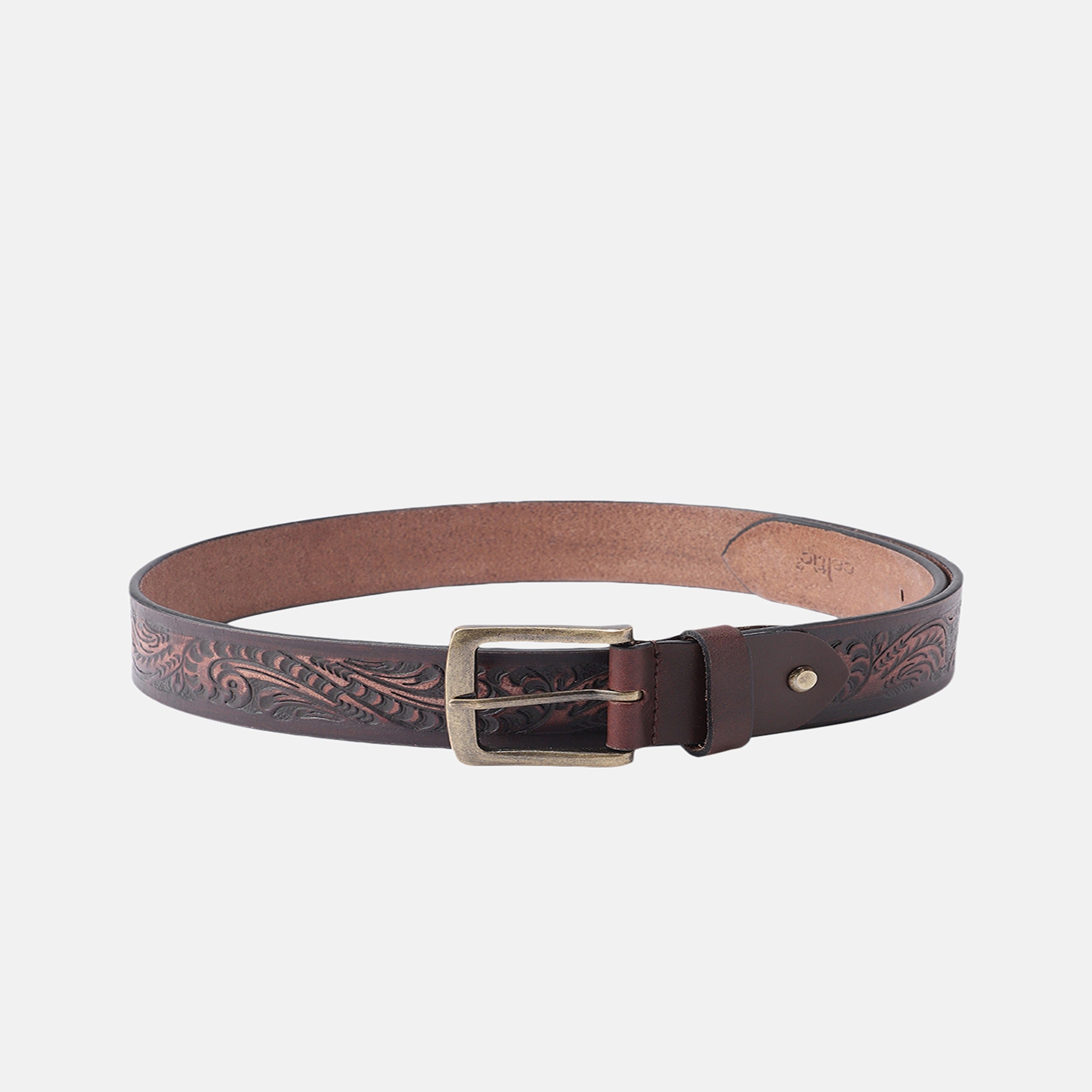 Unisex Handcrafted Embossed Leather Belt Vintage Floral Design Solid Buckle Stylish Wear