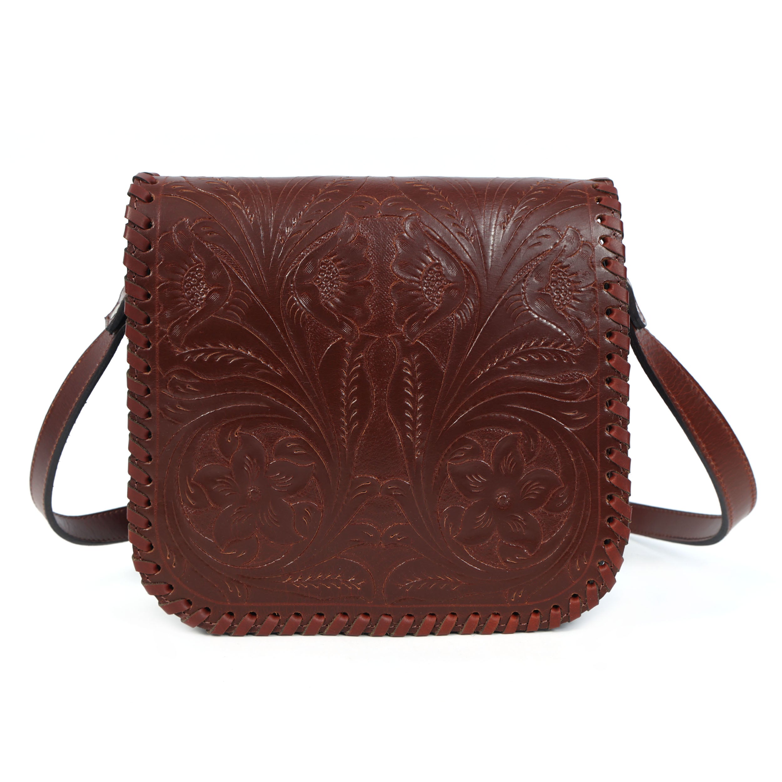 Handcrafted Black Embossed Leather Sling Bag with Magnetic Closure & Adjustable Strap