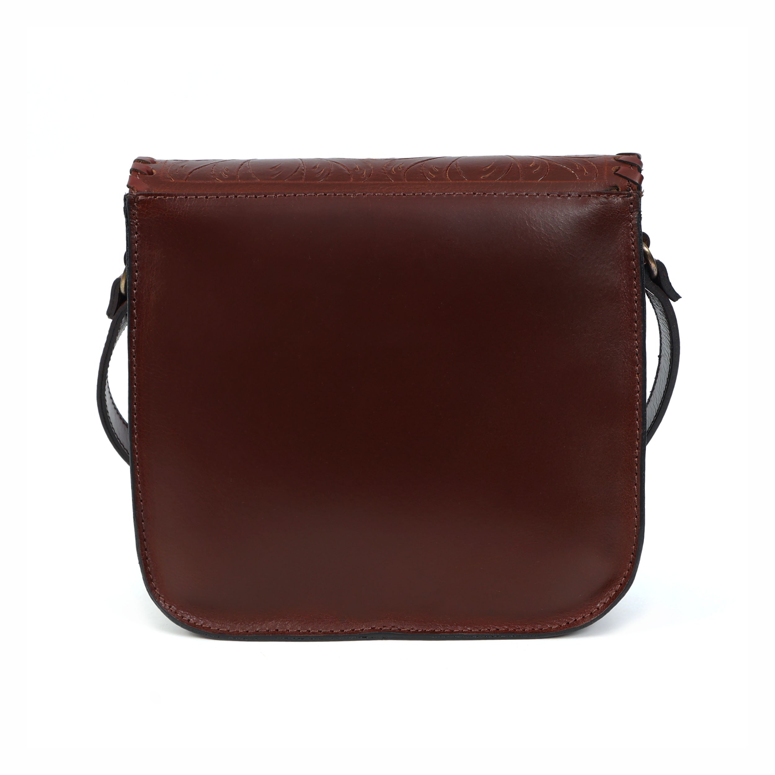 Handcrafted Black Embossed Leather Sling Bag with Magnetic Closure & Adjustable Strap