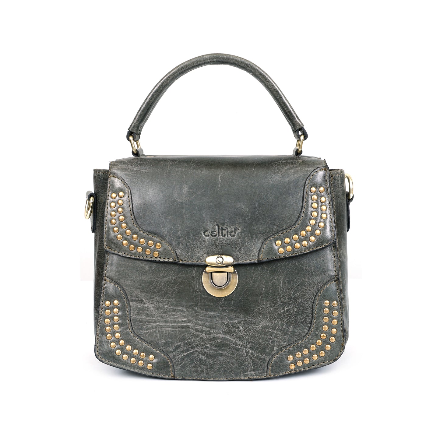 Vintage Leather Studded Top-Handle Sling Bag with Front Flap Lock & Multi-Pocket Interio