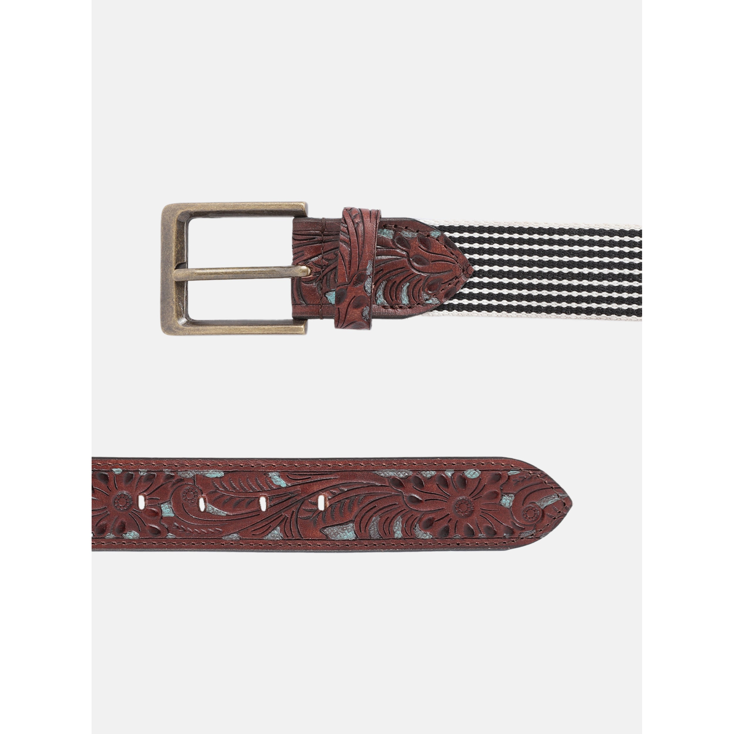Unisex Genuine Leather Floral Embossed Brown Teal Elastic Waist Accessory Antique Buckle