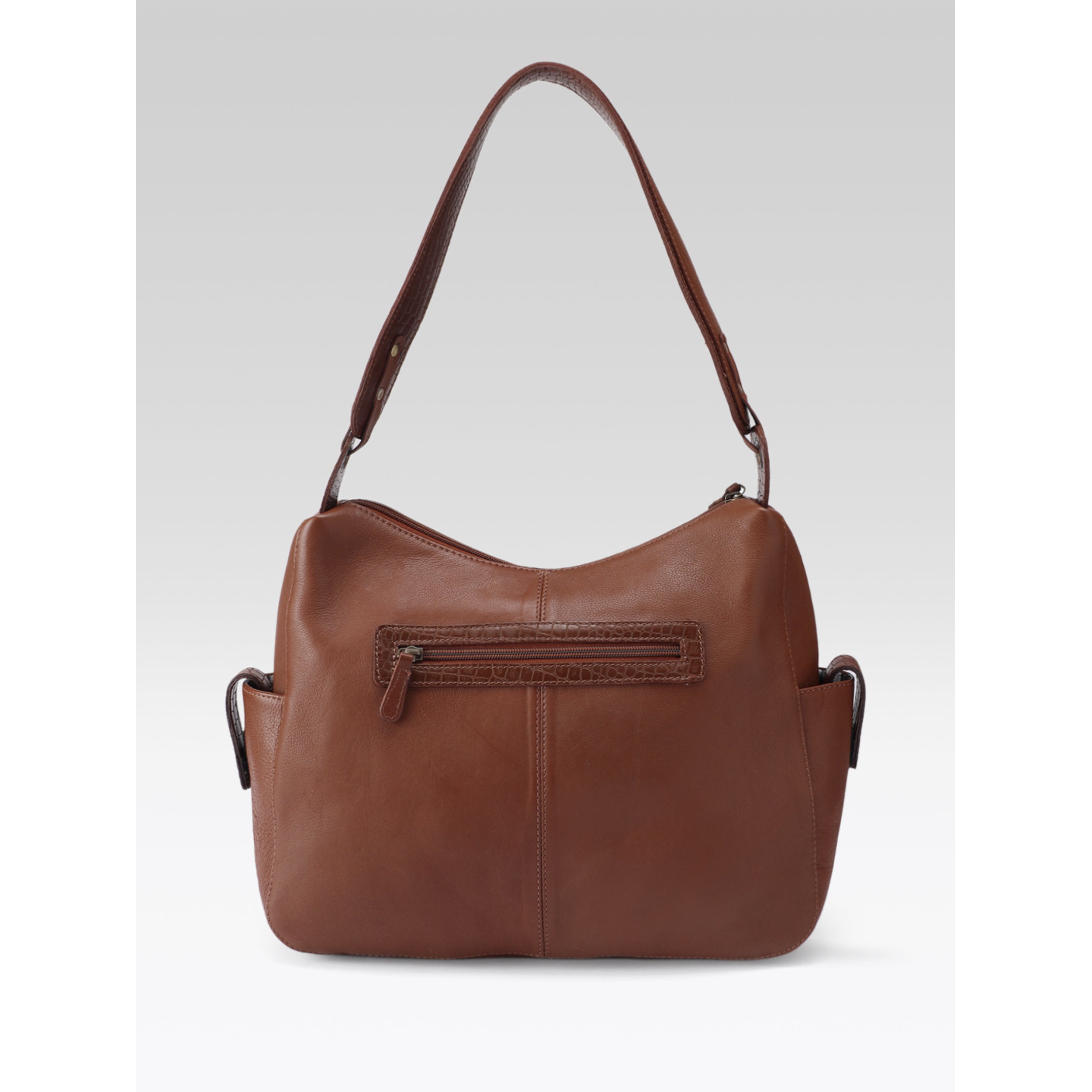 Premium Genuine Leather Hobo Shoulder Bag with Zippered Pockets & Fixed Strap