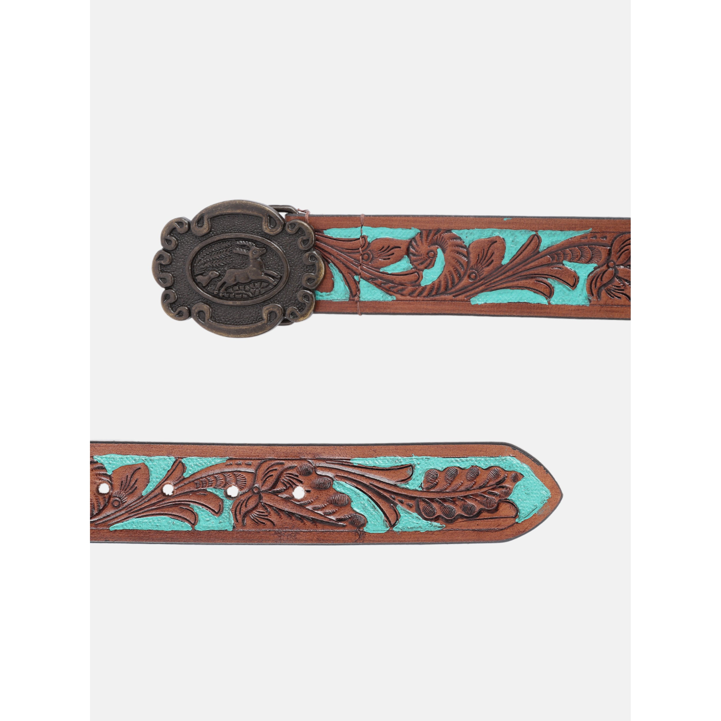Genuine Leather Embossed Floral Brown Teal Western Waist Accessory Antique Buckle