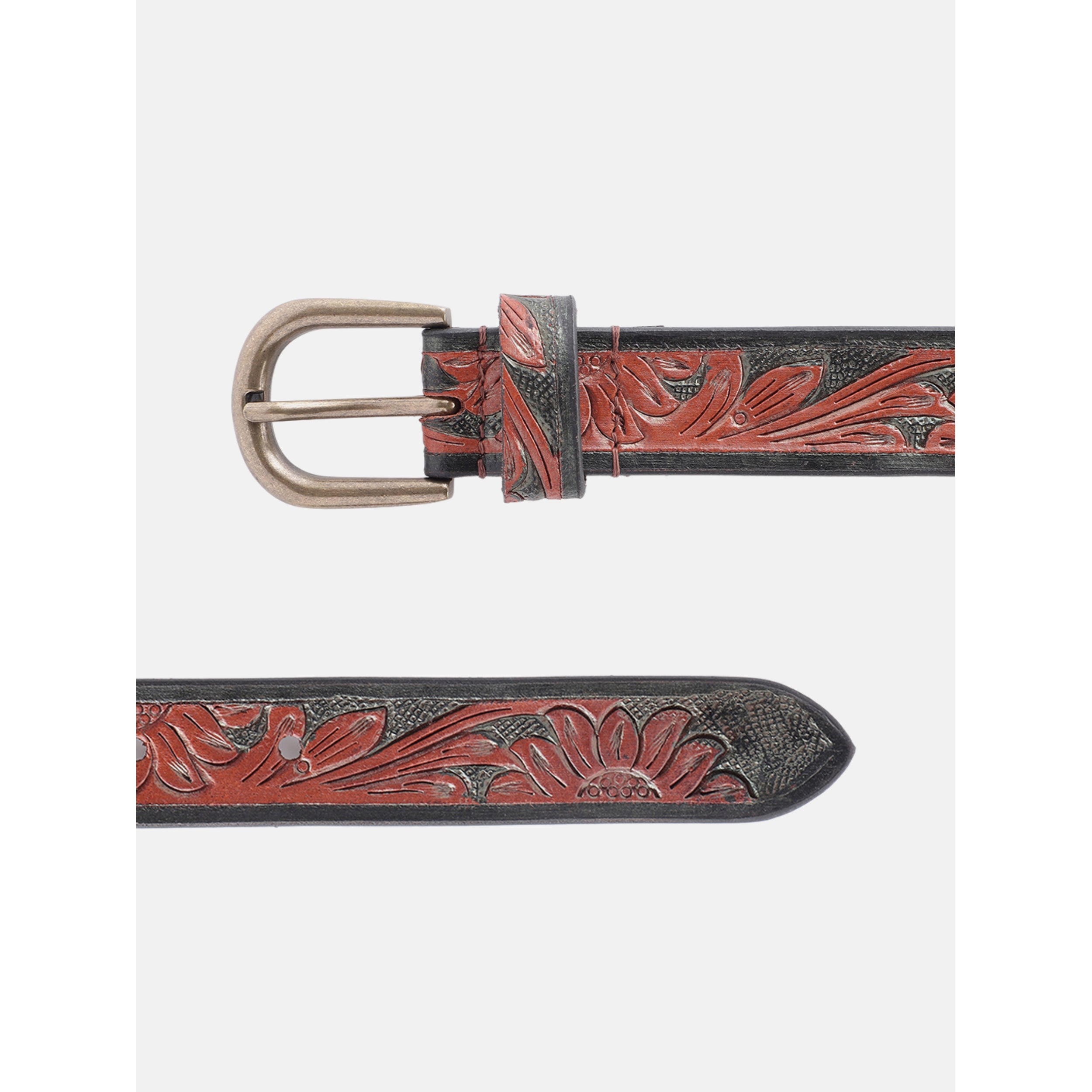 Unnisex Handcrafted Floral Embossed Leather Belt With Antique Brass Buckle For Casual Wear
