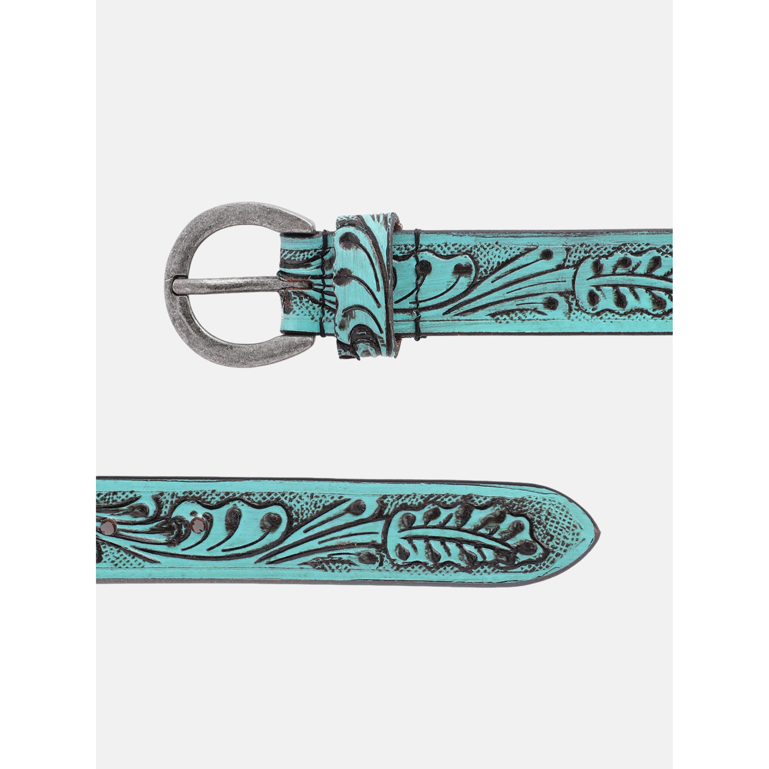 Women Genuine Leather Embossed Turquoise Floral Western Waist Accessory Silver Buckle