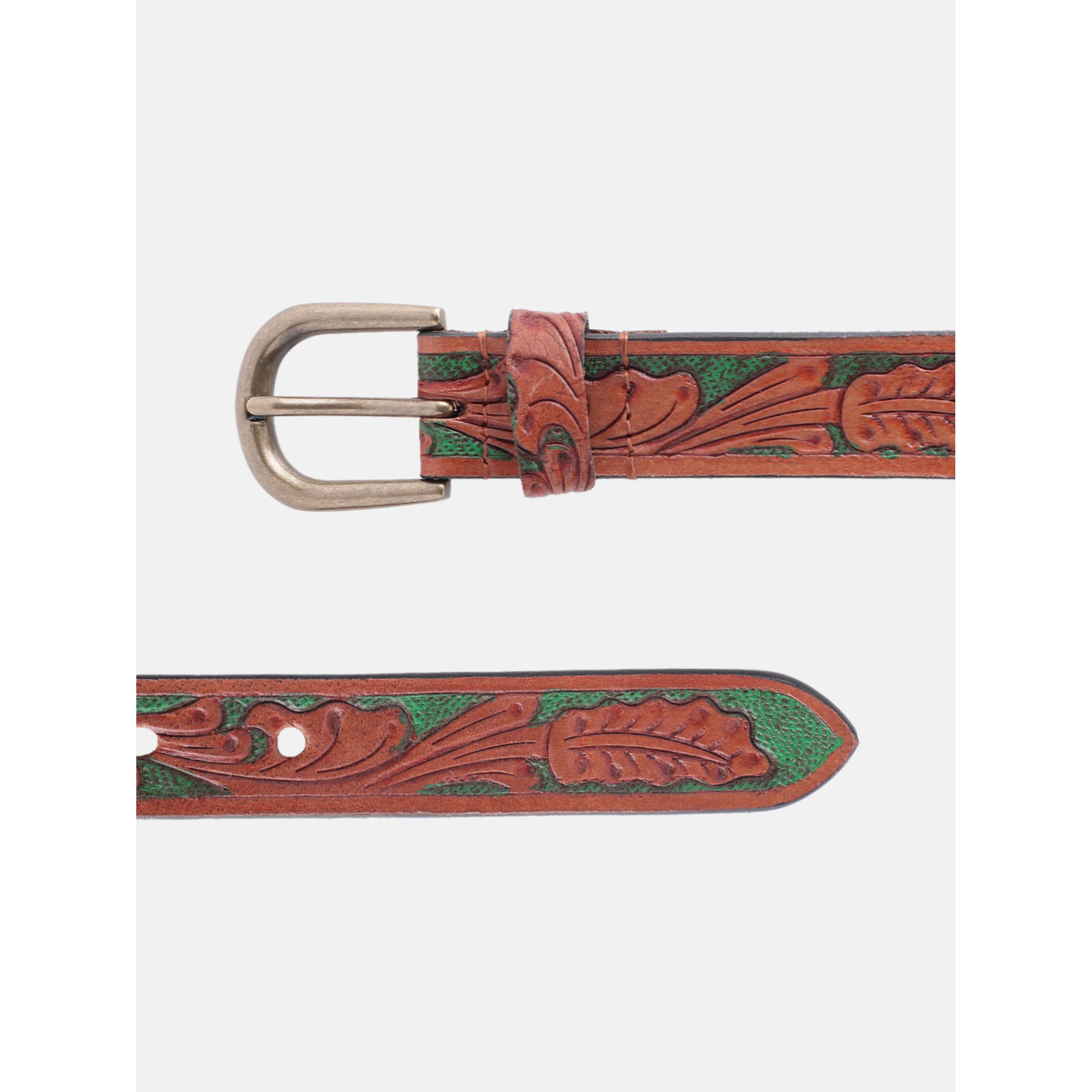 Woman Handcrafted Brown Leather Belt With Leaf Tooling And Polished Silver Buckle