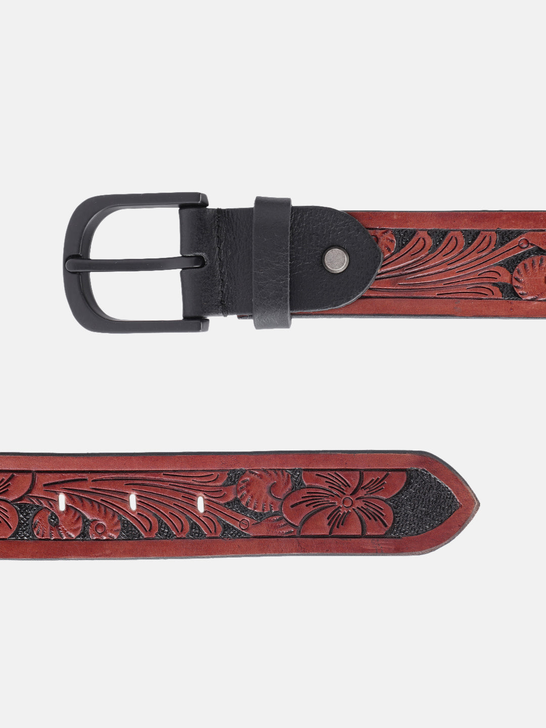 Unisex Genuine Leather Brown Floral Embossed Western Casual Waistbelt Matte Black Buckle