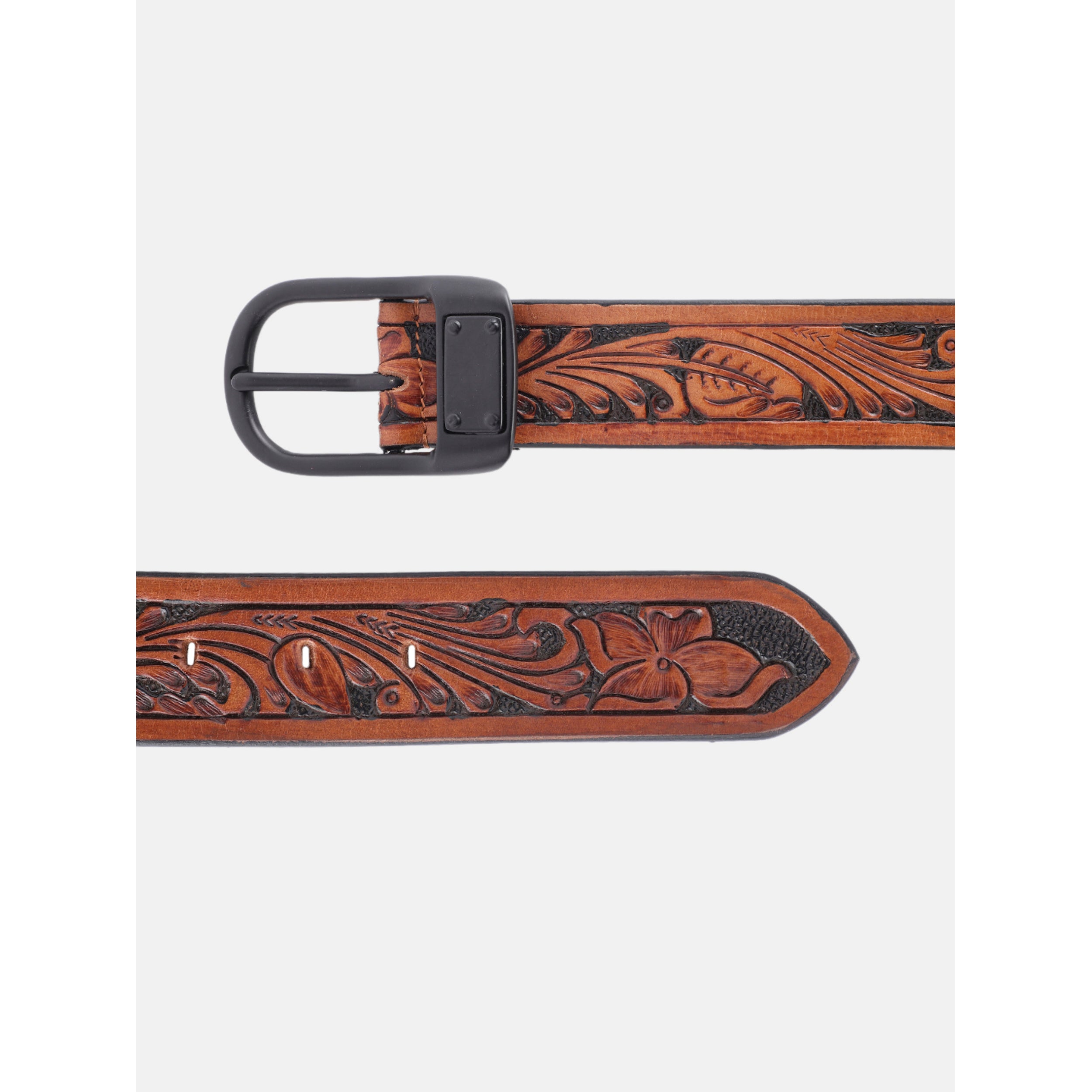 Unisex Genuine Leather Brown Floral Tooled Western Waistbelt Matte Black Buckle