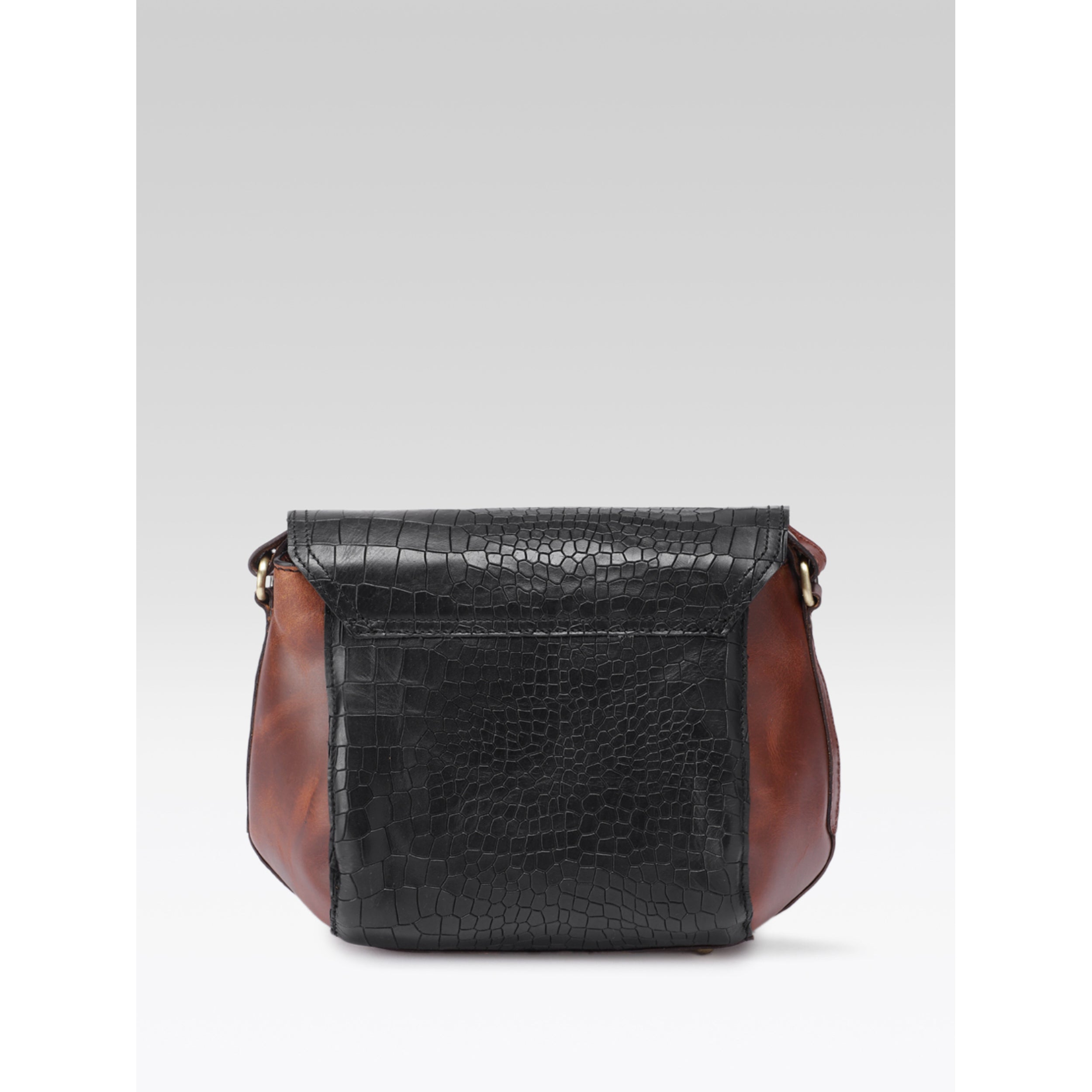 Women Leather Crossbody Sling Bag Black and Brown Croc Texture with Buckle Tab
