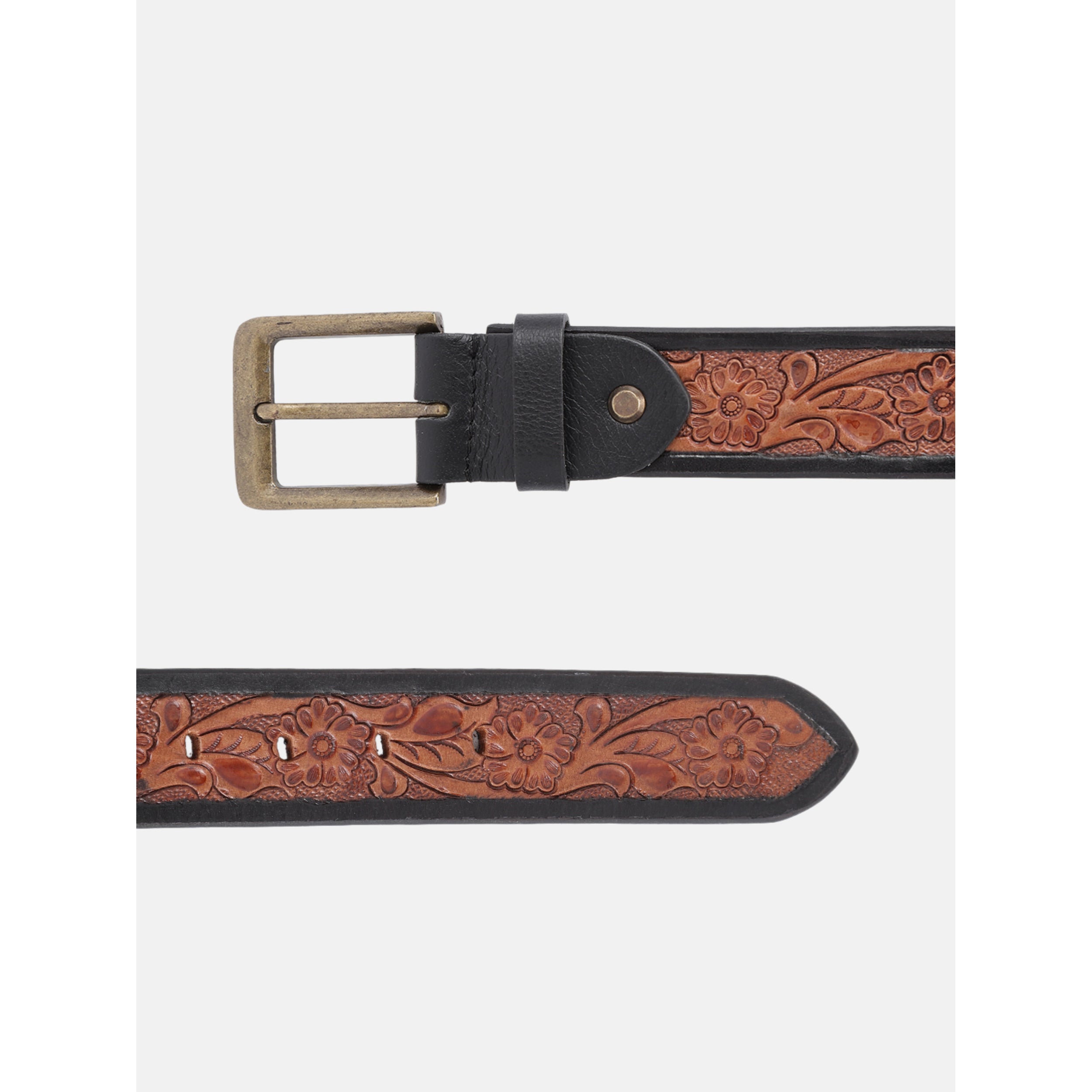 Unisex Genuine Leather Embossed Floral Brown Waist Accessory Antique Metal Buckle