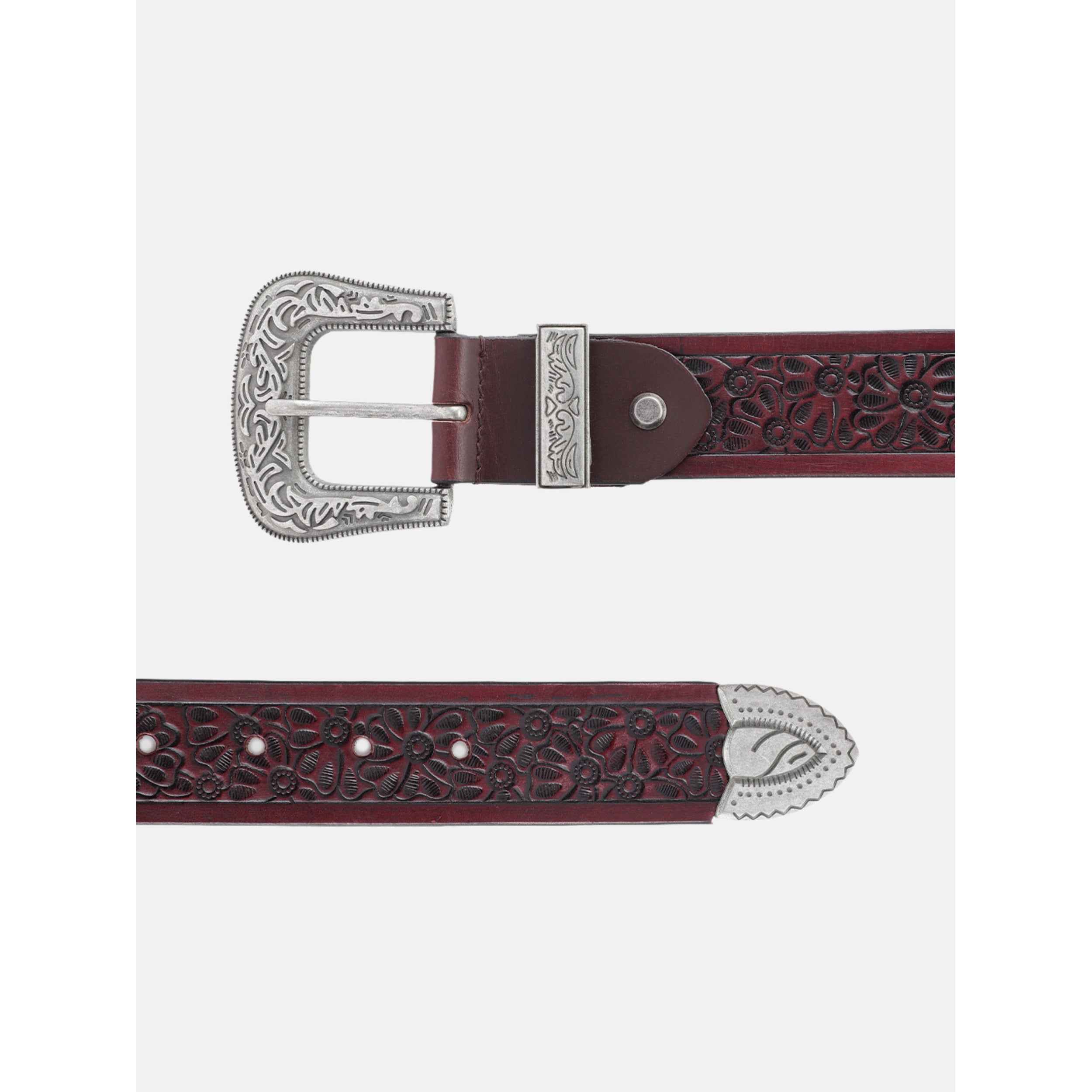 Vintage Floral Embossed Leather Belt With Ornate Silver Buckle For Men