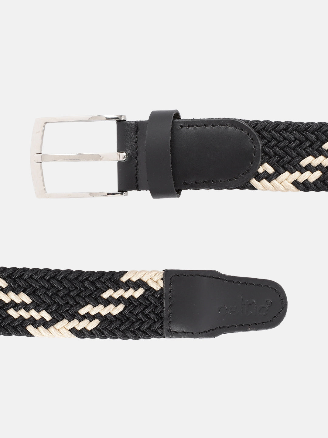 Unisex Handwoven Elastic Belt With Leather Finish And Metal Buckle For Casual Wear