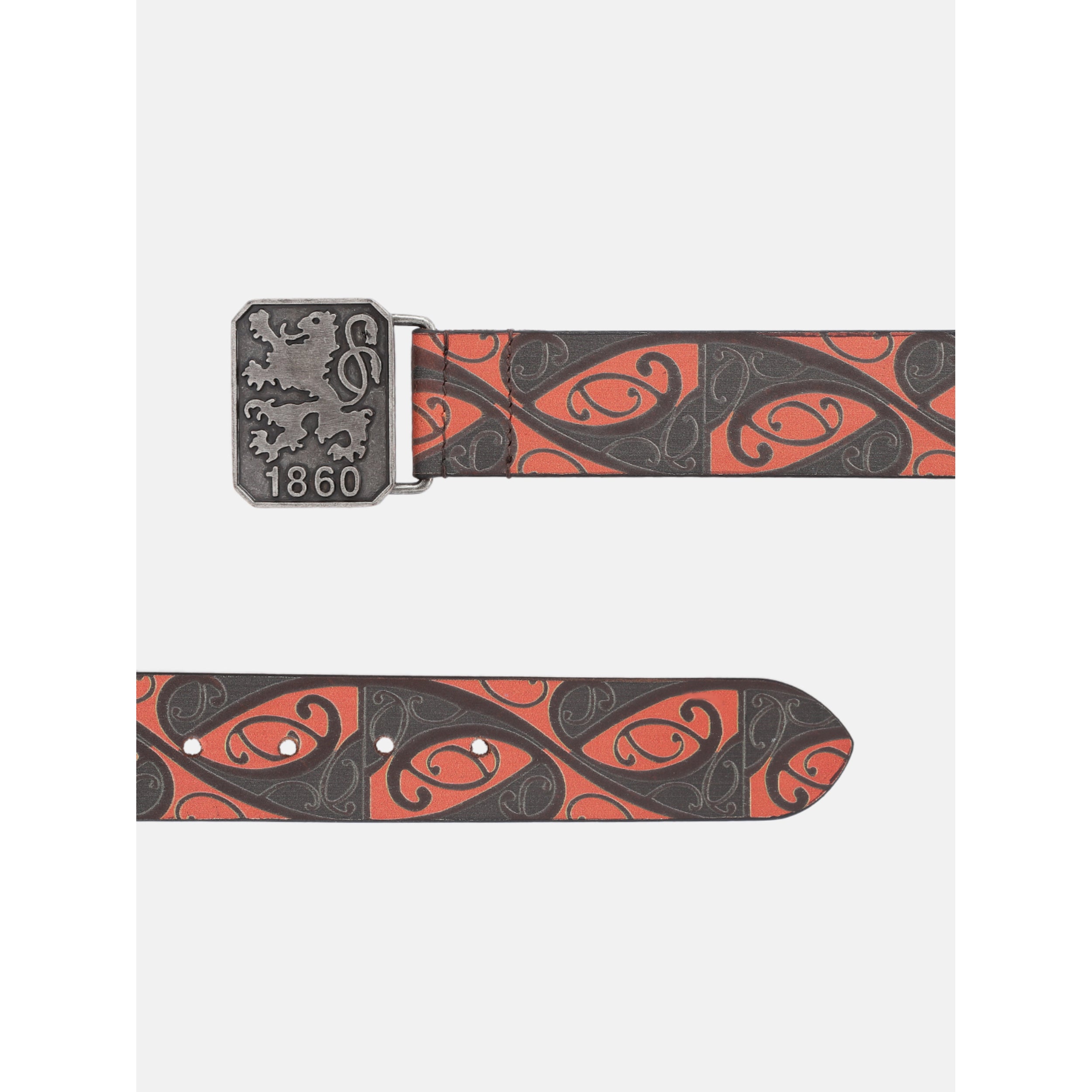 Men Genuine Leather Red Black Tribal Scroll Waist Belt with Antique Emblem Buckle