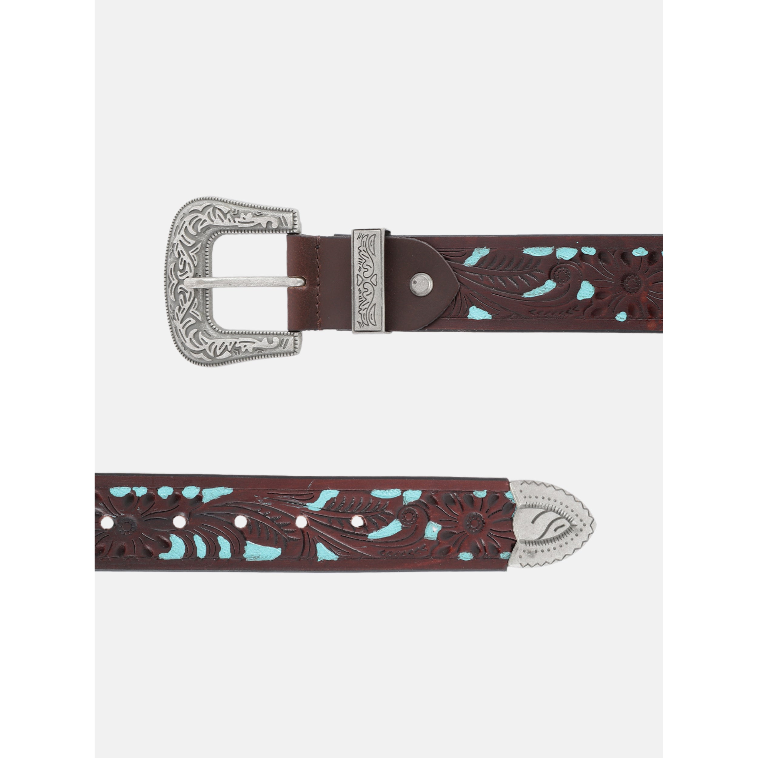 Unisex Genuine Leather Embossed Floral Brown Teal Western Waist Accessory Silver Buckle