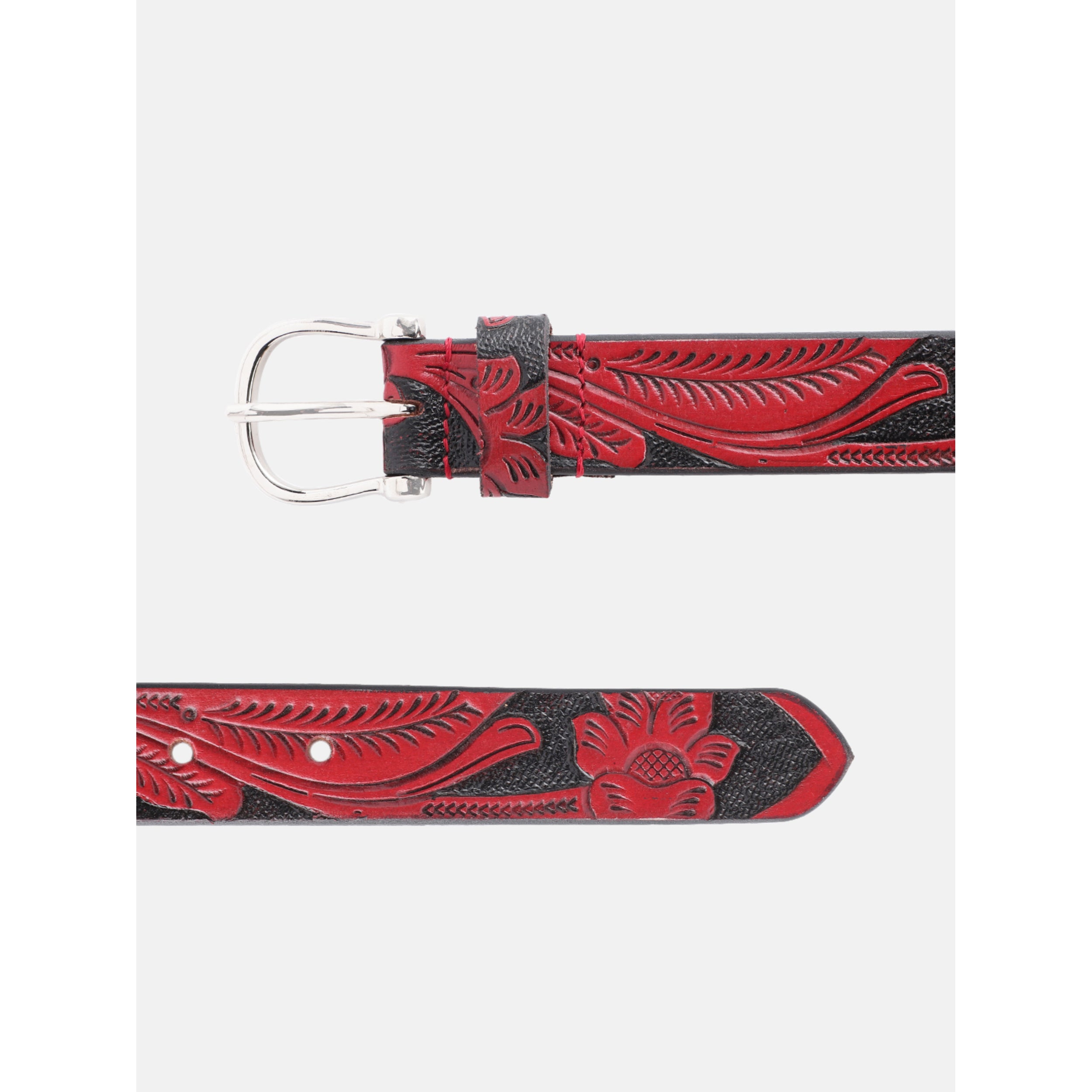 Premium Genuine Leather Red Leaf Embossed Western Casual Waistbelt Silver Buckle