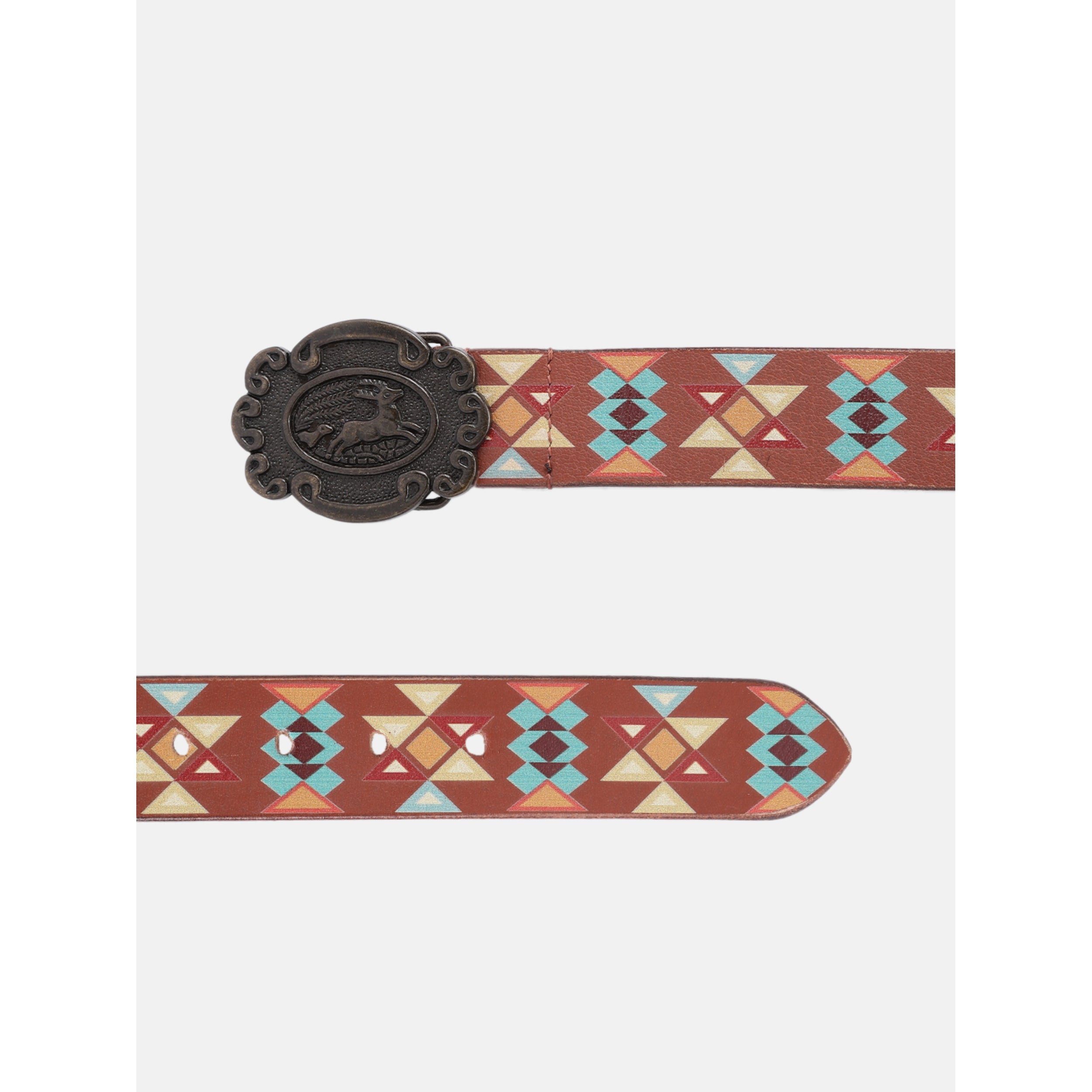 Unisex Aztec Pattern Leather Belt With Antique Buckle Handmade Ethnic Style Accessory.