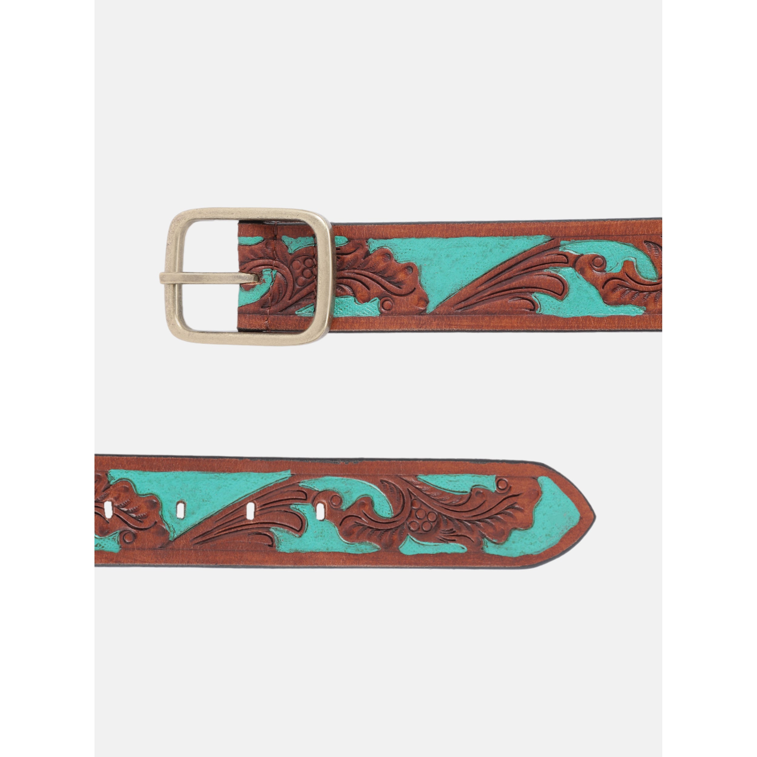 Genuine Leather Embossed Floral Brown Teal Waist Accessory Antique Metal Buckle