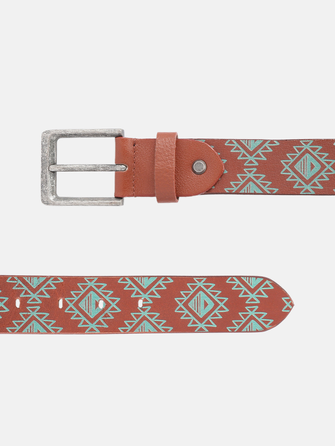 Unisex Geometric Ethnic Printed Leather Belt With Silver Buckle For Casual Wear