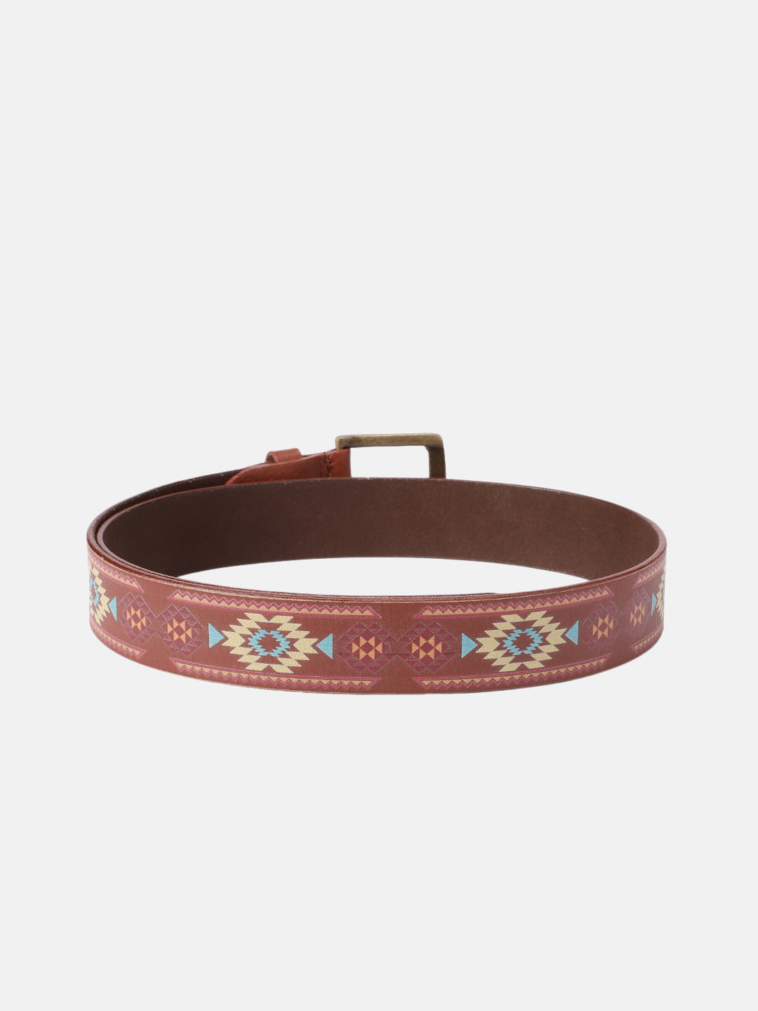 Handcrafted Aztec Pattern Leather Belt With Antique Buckle For Casual Ethnic Styling