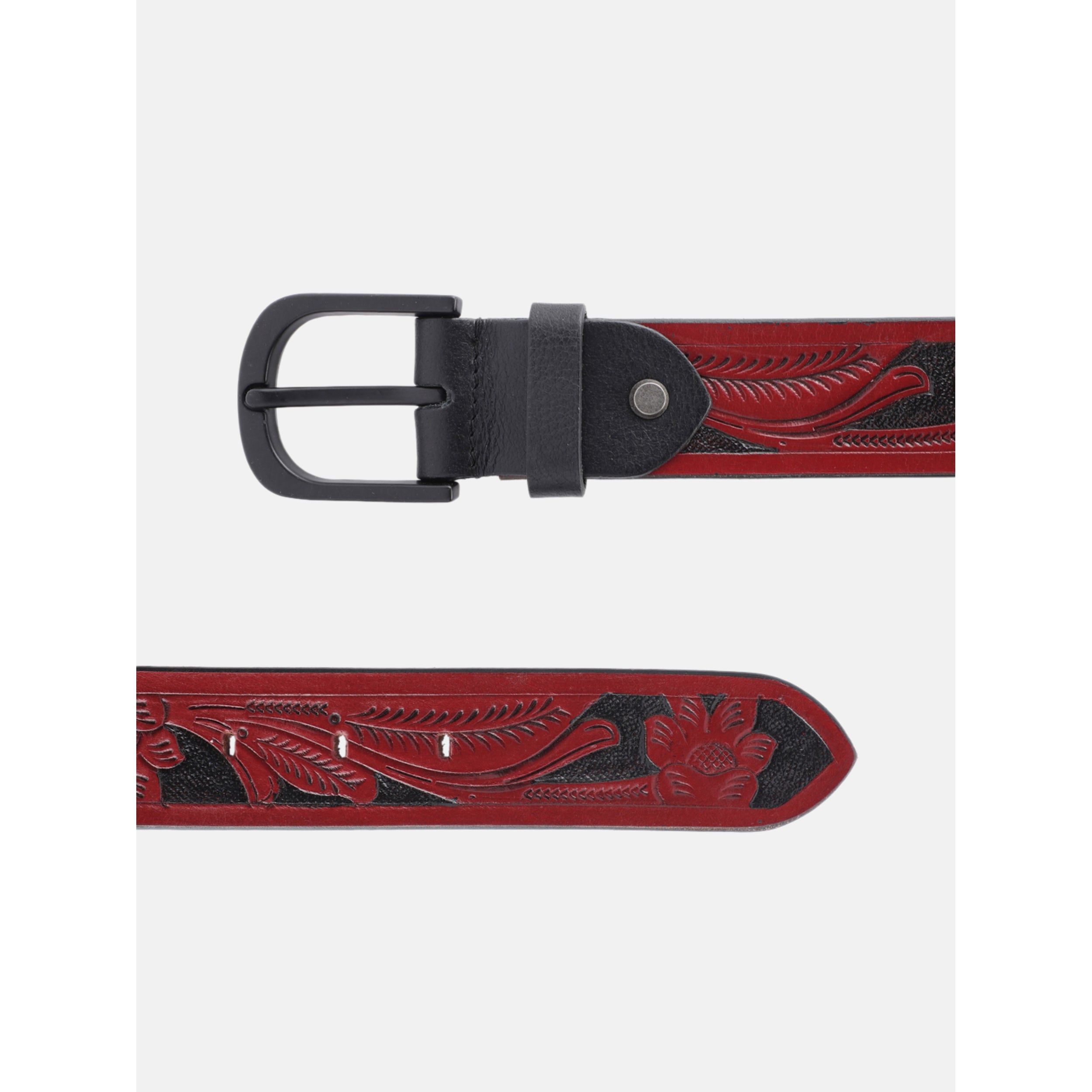Unisex Genuine Leather Red Floral Embossed Western Casual Waistbelt Matte Black Buckle