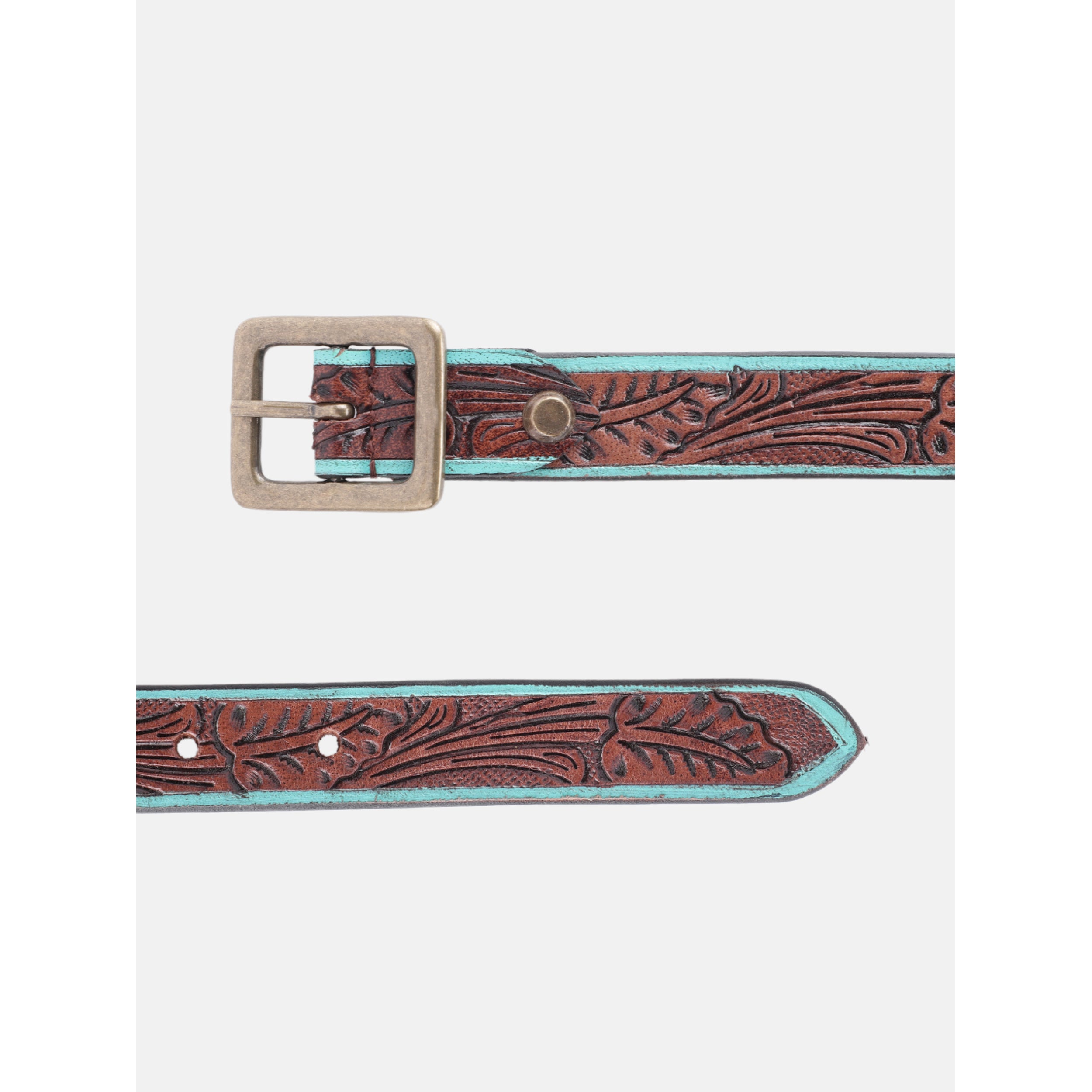 Unisex Genuine Leather Embossed Brown Turquoise Floral Western Waist Accessory Brass Buckle