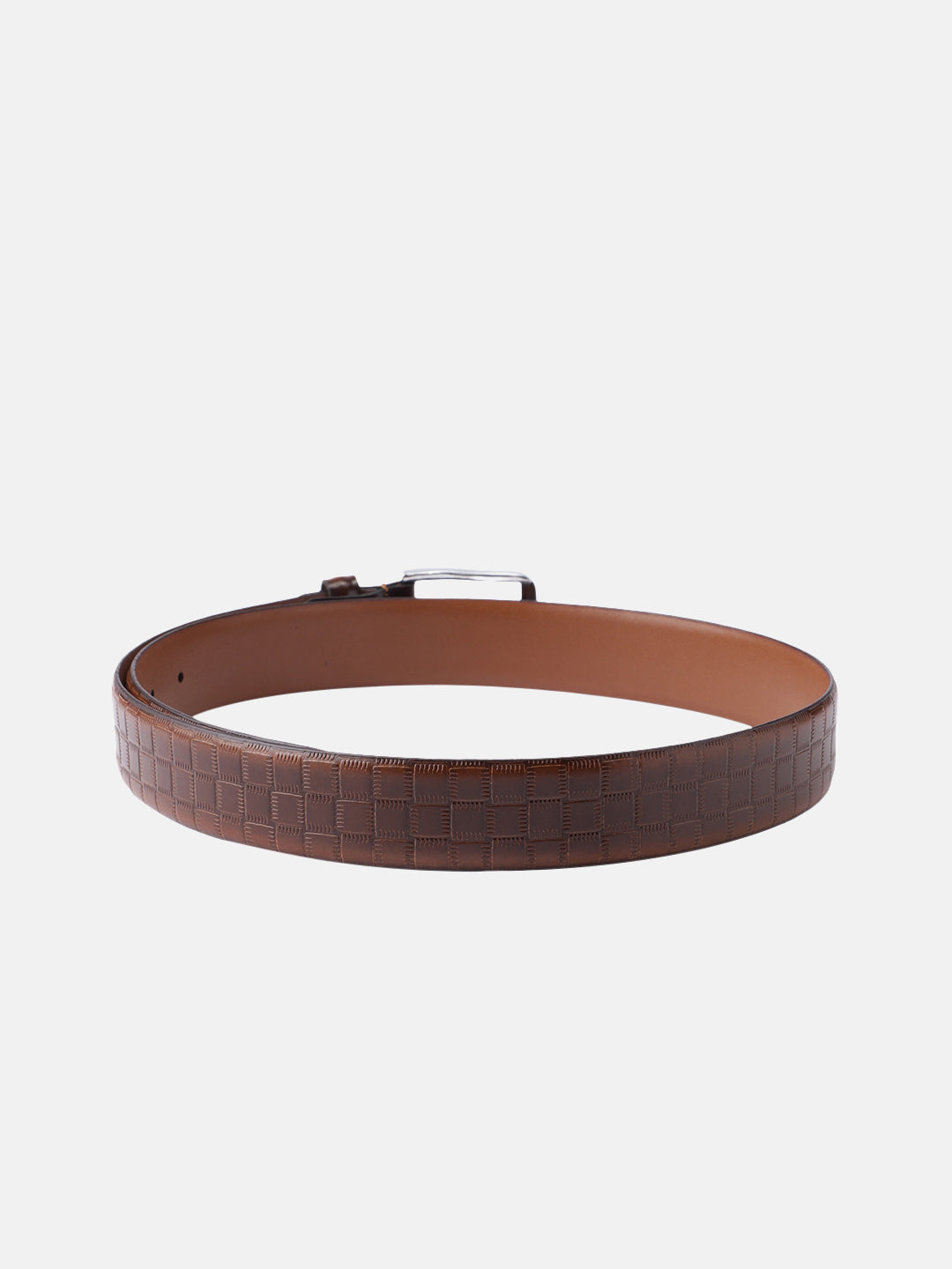 Men Olive Textured Leather Belt With Vertical Stripe Pattern And Classic Metal Buckle