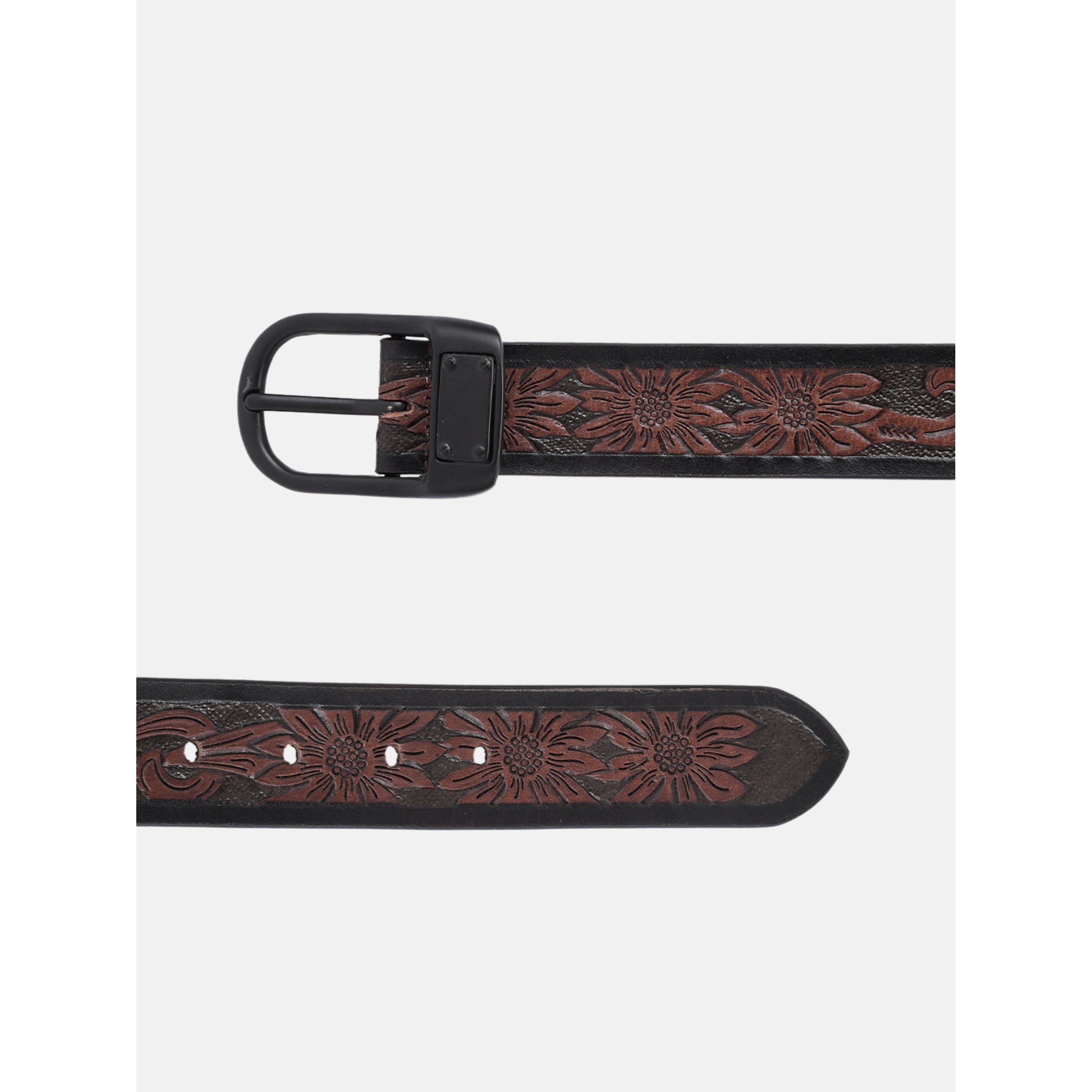 Unisex Genuine Leather Floral Embossed Brown Waist Accessory Matte Black Buckle
