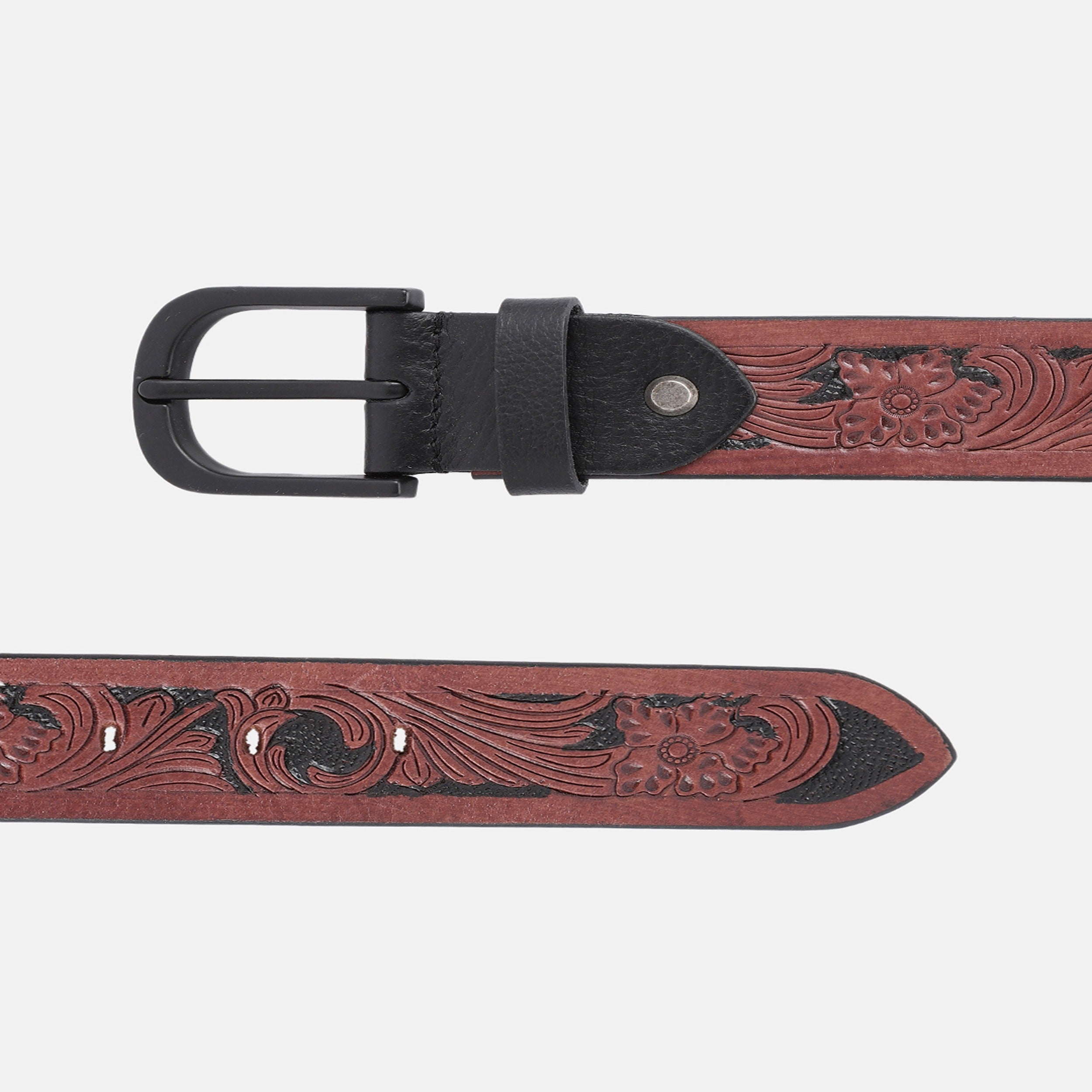 Men Genuine Leather Embossed Floral Brown Waistwear Matte Black Buckle