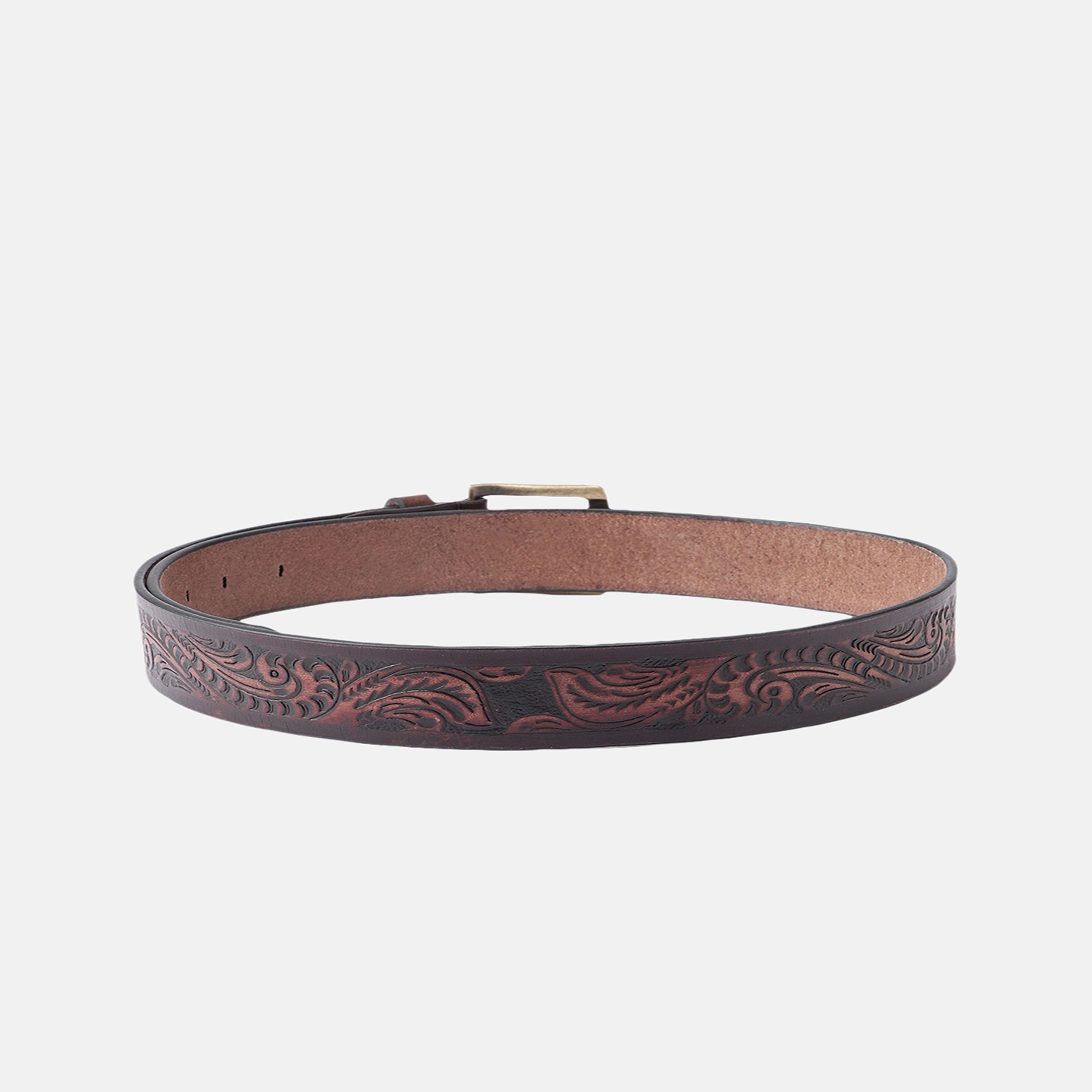 Unisex Handcrafted Embossed Leather Belt Vintage Floral Design Solid Buckle Stylish Wear